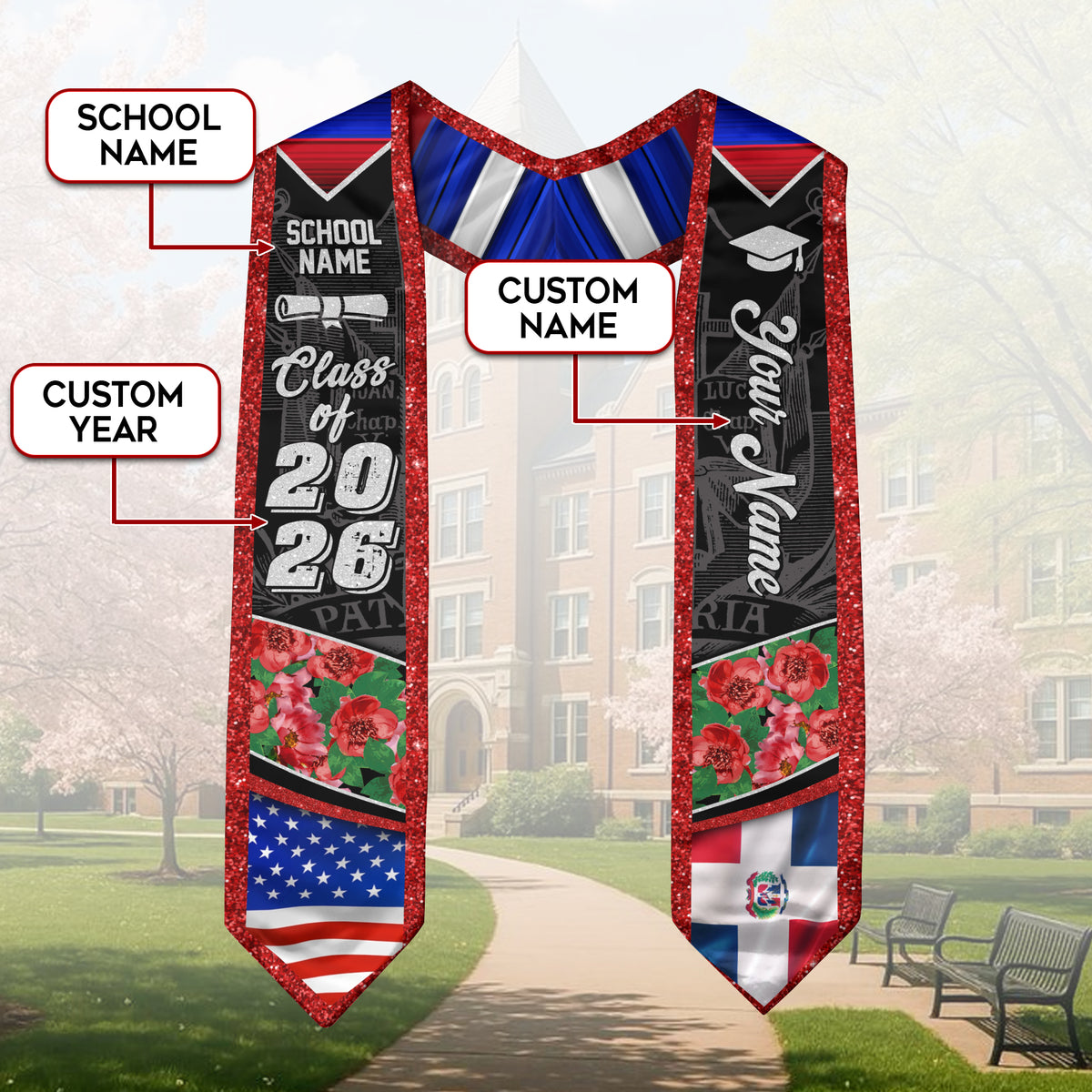 Dominican Floral Stole Graduation Grad Sash Custom, Class of 2026 Graduate Senior Gift