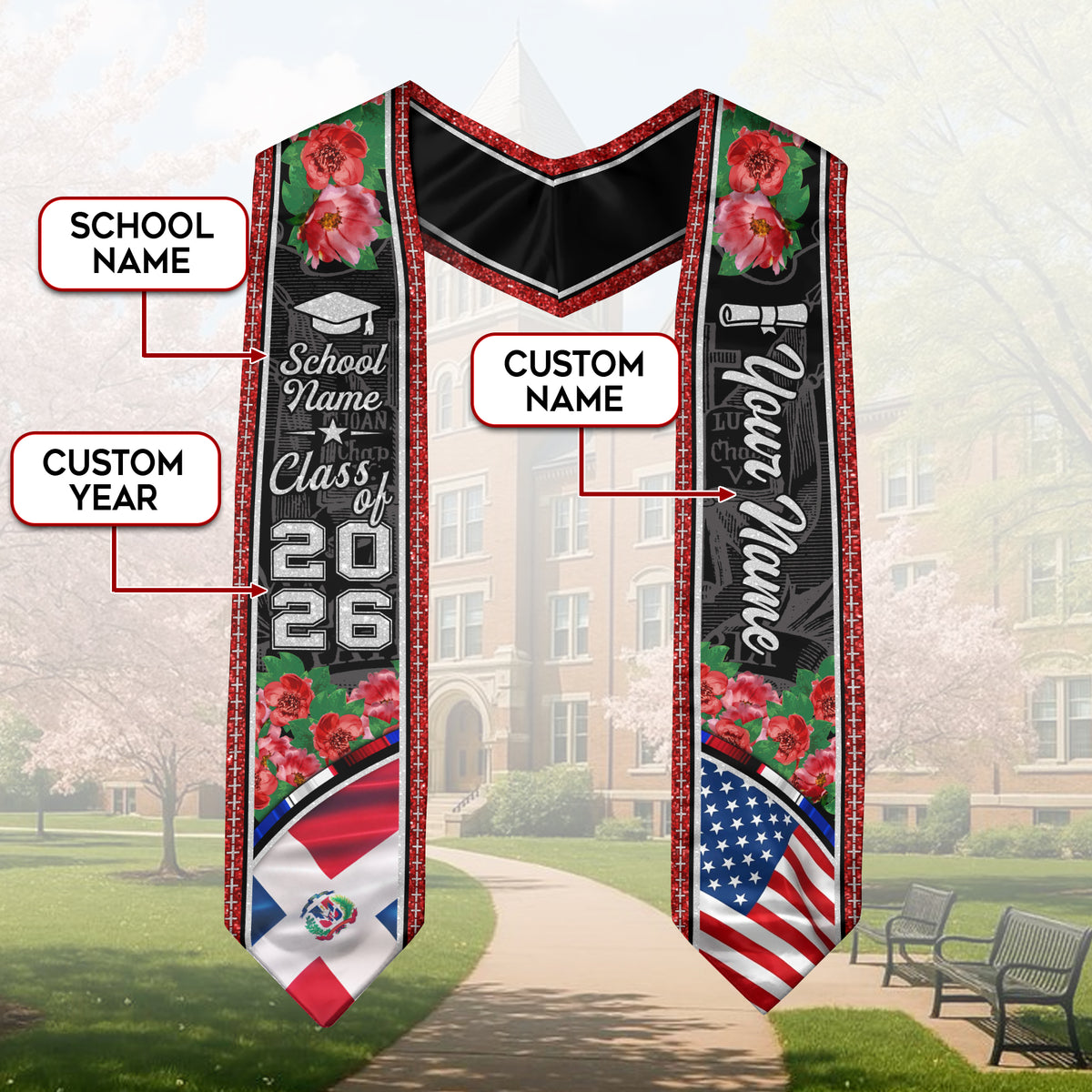 Personalized Dominican American Graduation Floral Stole Grad Sash, Class of 2026 Senior Gift