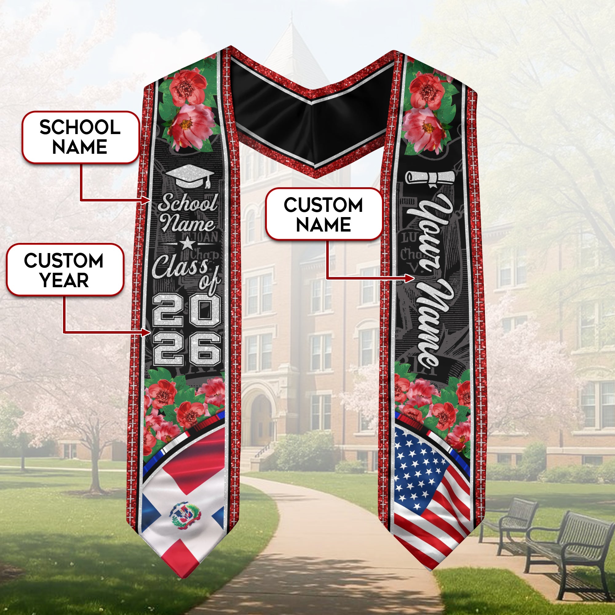 Personalized Dominican American Graduation Floral Stole Grad Sash, Class of 2026 Senior Gift