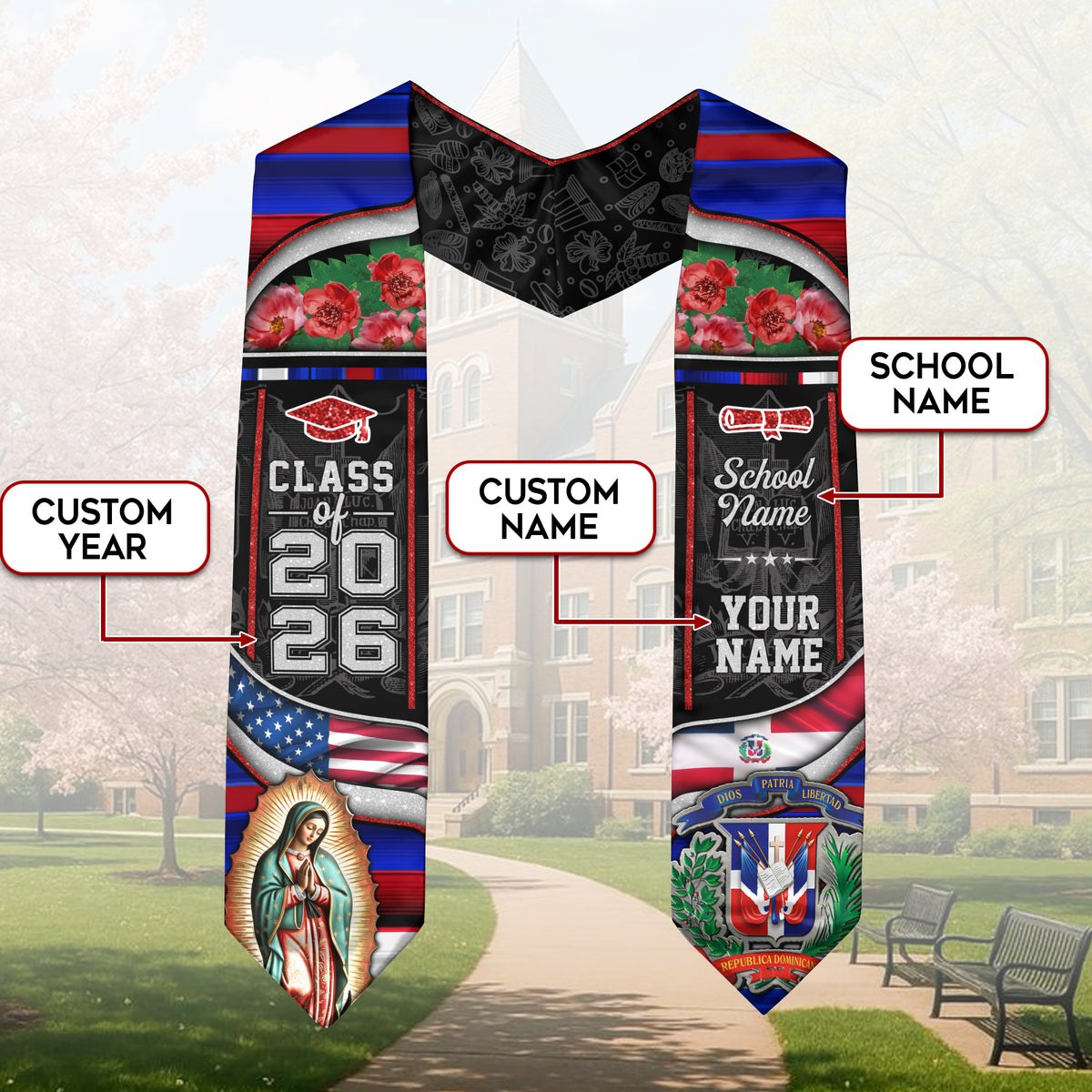 Custom Dominicana Floral Stole Graduation Grad Sash, Class of 2026 Dominican American Graduate