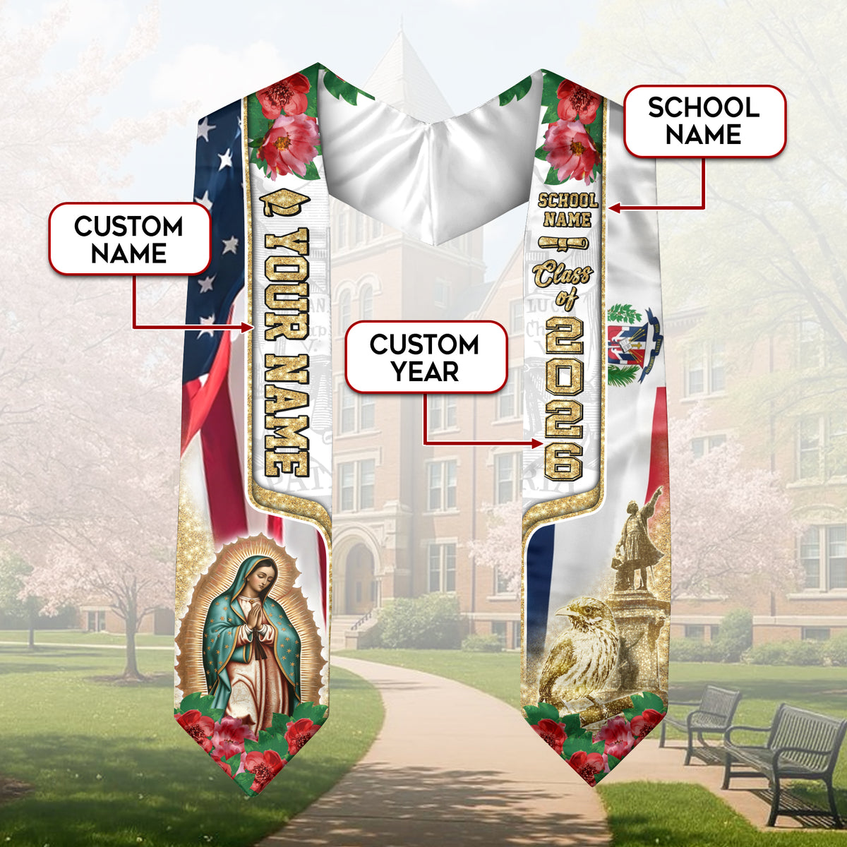Custom Dominican Grad Sash Floral Stole Graduation Gift, Class of 2026 Graduate Senior Gift