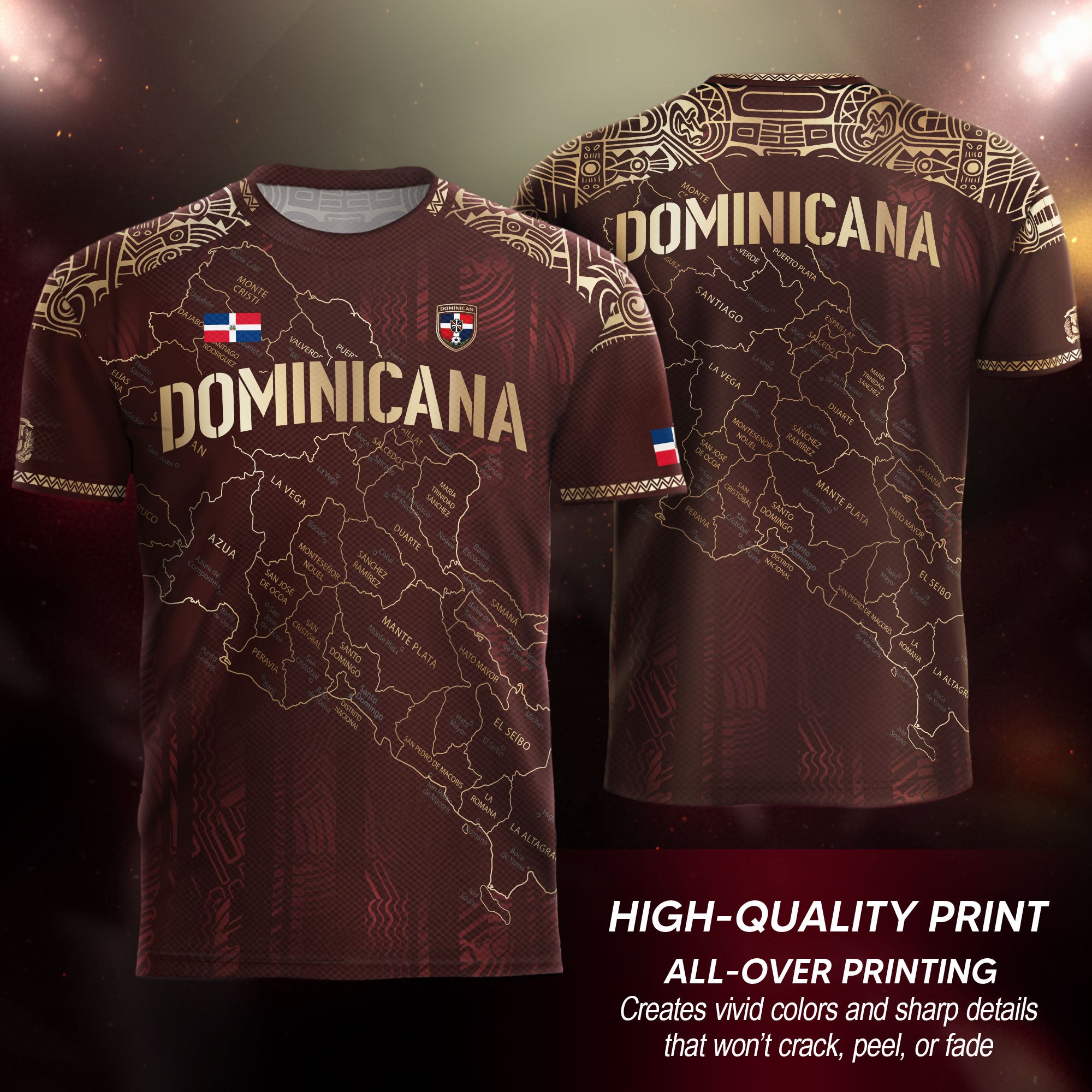 Dominican Cultural Heritage Soccer Jersey Maroon Gold, National Pride Football Collection