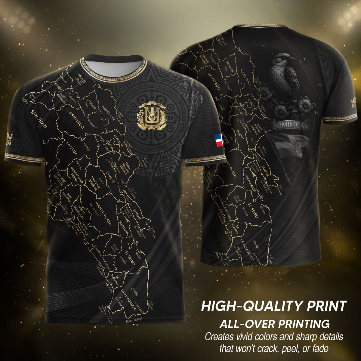 Dominican National Pride Soccer Jersey Black Gold, Cultural Heritage Apparel