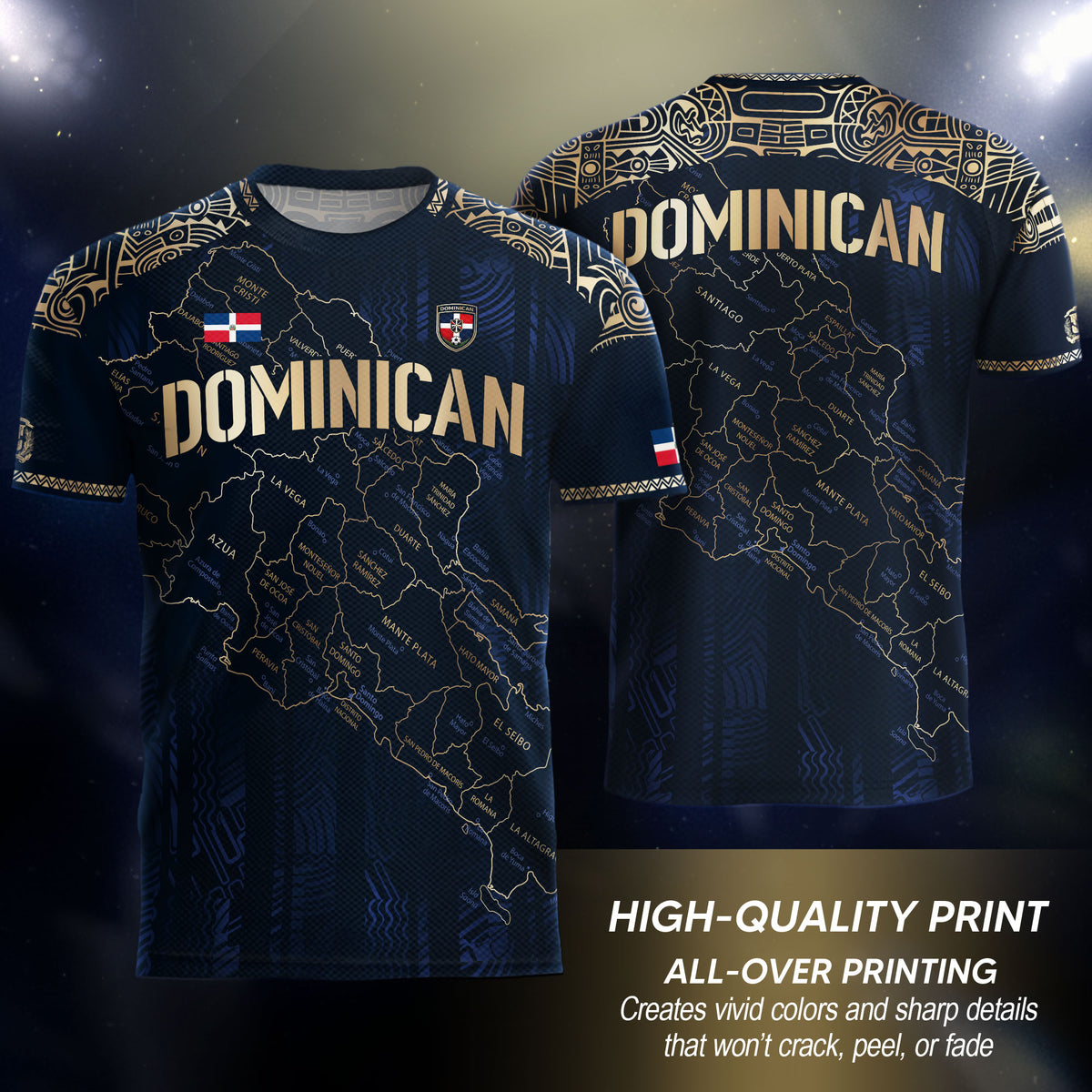 Dominican Republic Map Soccer Jersey Navy Gold, Taino Cultural Heritage Caribbean Pride Shirt