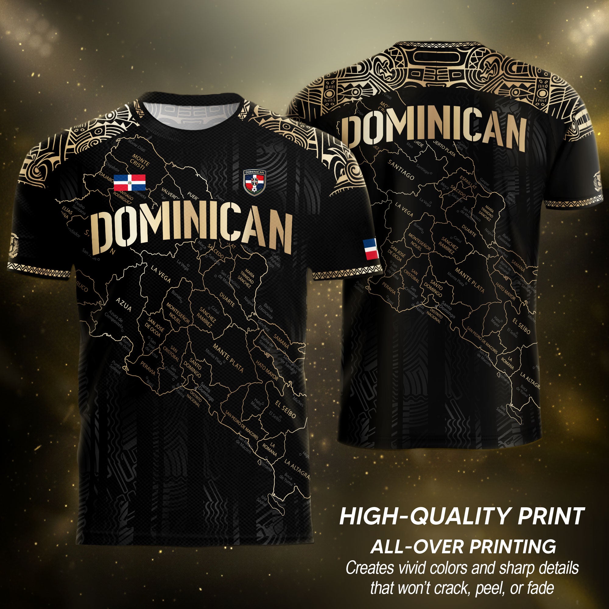 Dominican Heritage Soccer Jersey with Island Map Black Gold, Taino Inspired National Pride Shirt