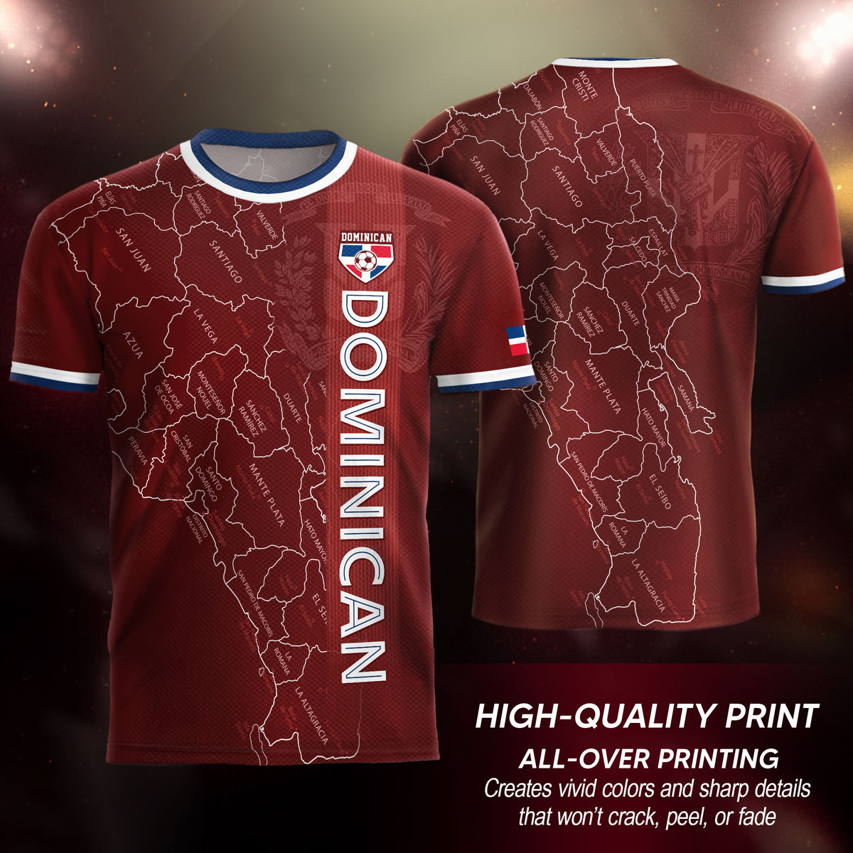 Dominican Republic Soccer Jersey Maroon White Blue, Taino Map Design Caribbean Cultural Shirt