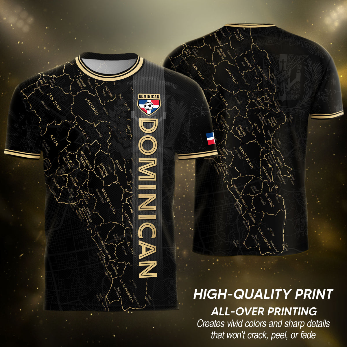 Dominican National Pride Soccer Jersey Black Gold, Taino Heritage Map Design Shirt