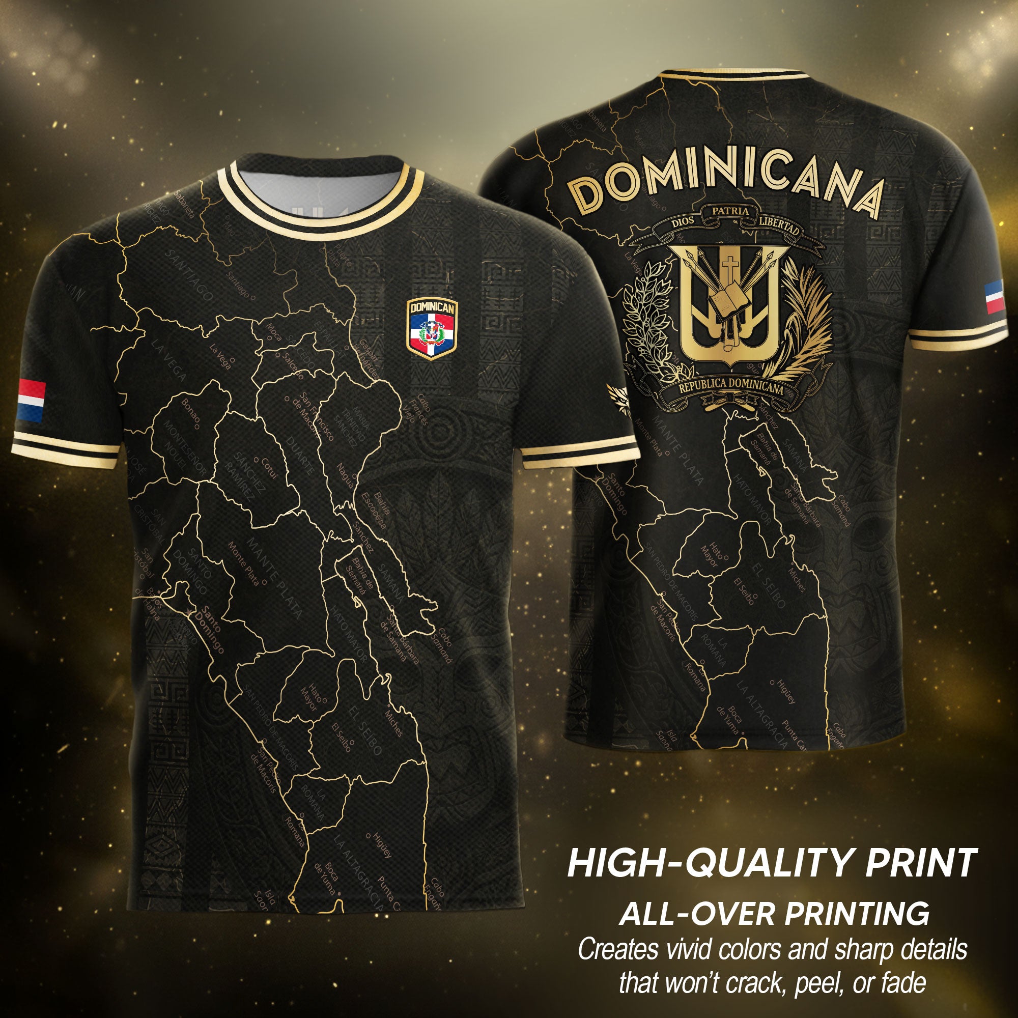 Dominican National Identity Soccer Jersey Black Gold, Heritage Pride Apparel