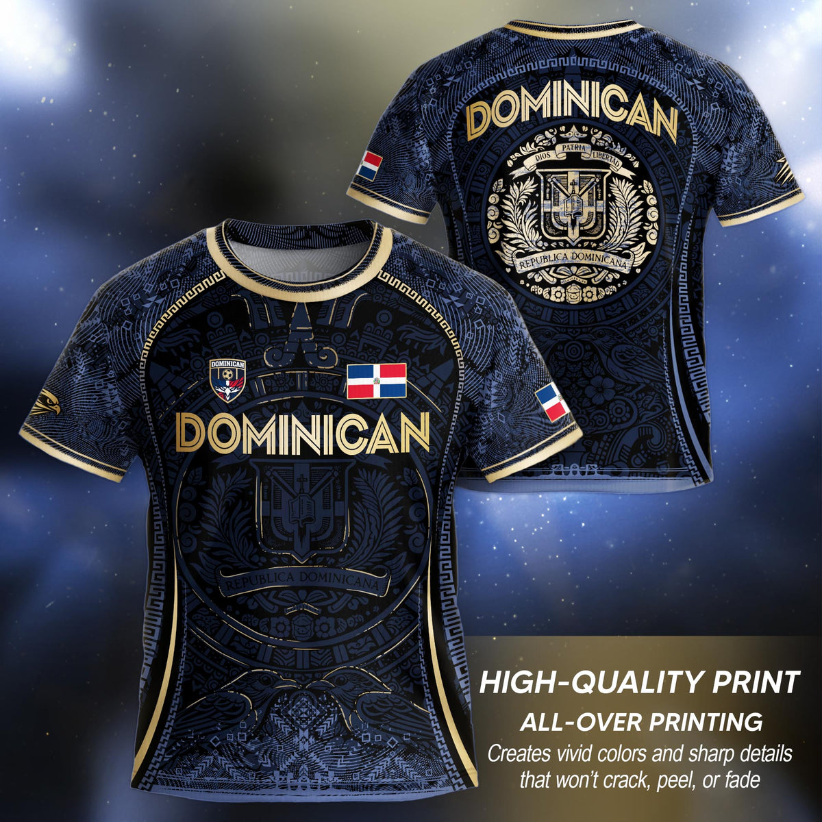 Dominican Cultural Legacy Soccer Jersey Navy Gold for Kids Youth, National Pride Apparel