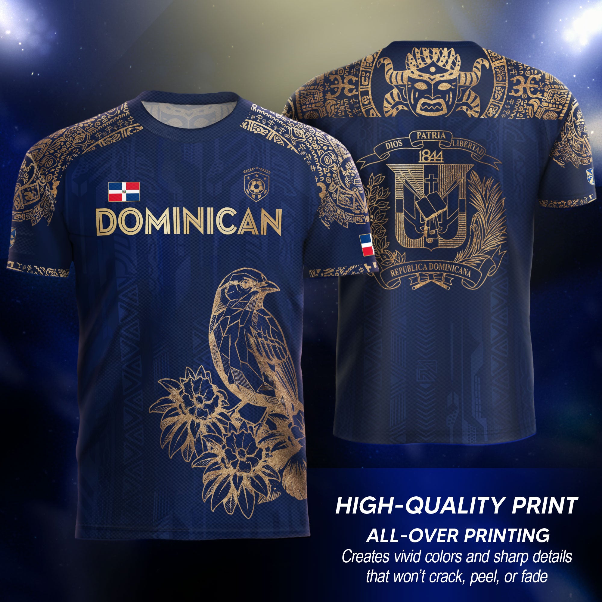 Dominican Republic Heritage Navy Gold Athletic Bird Flower Soccer Jersey