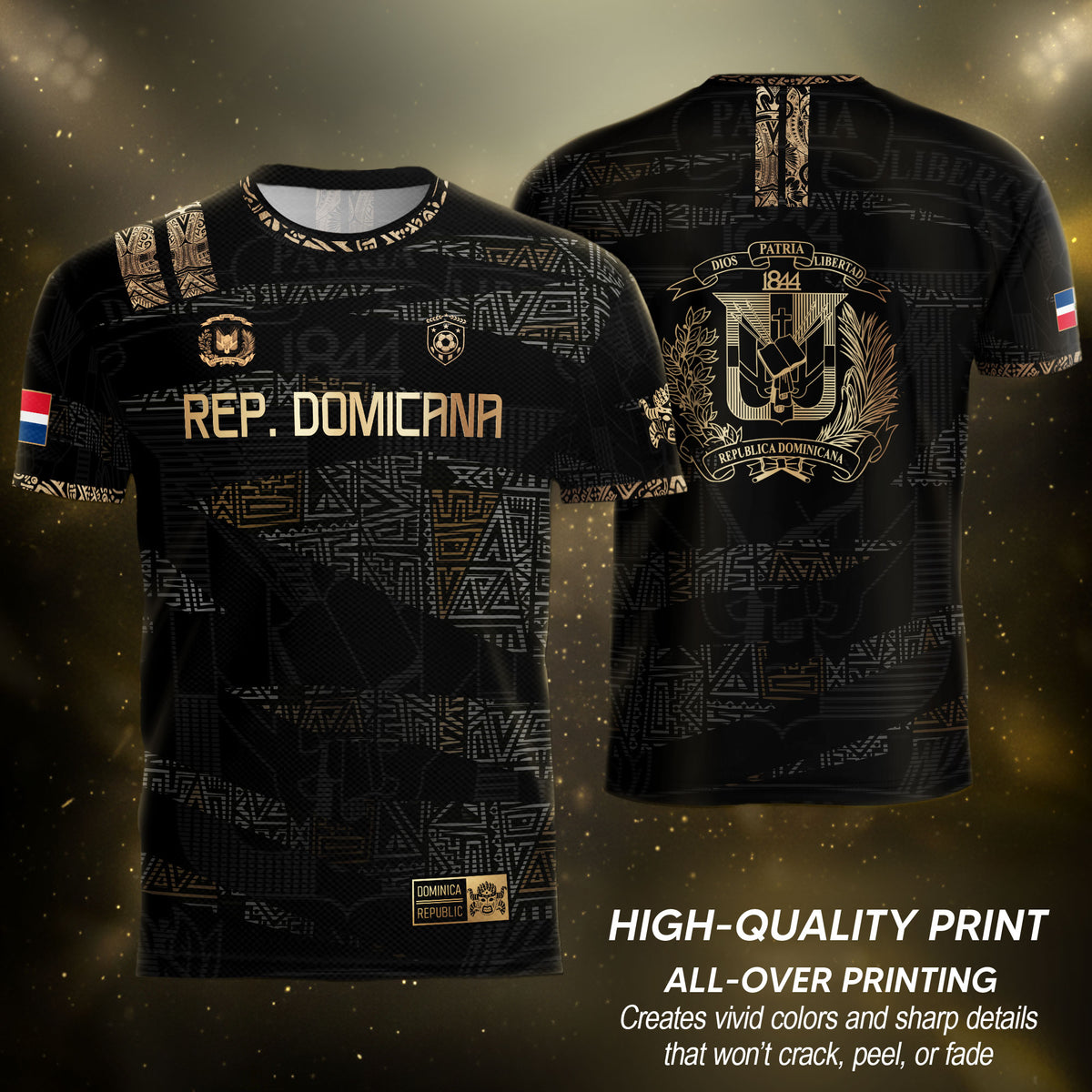 Dominican Republic Heritage Black Gold Athletic Geometric Soccer Jersey