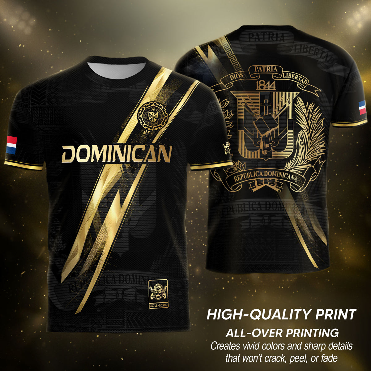Dominican Republic Black Gold Premium Geometric Pattern Cultural Pride Soccer Jersey