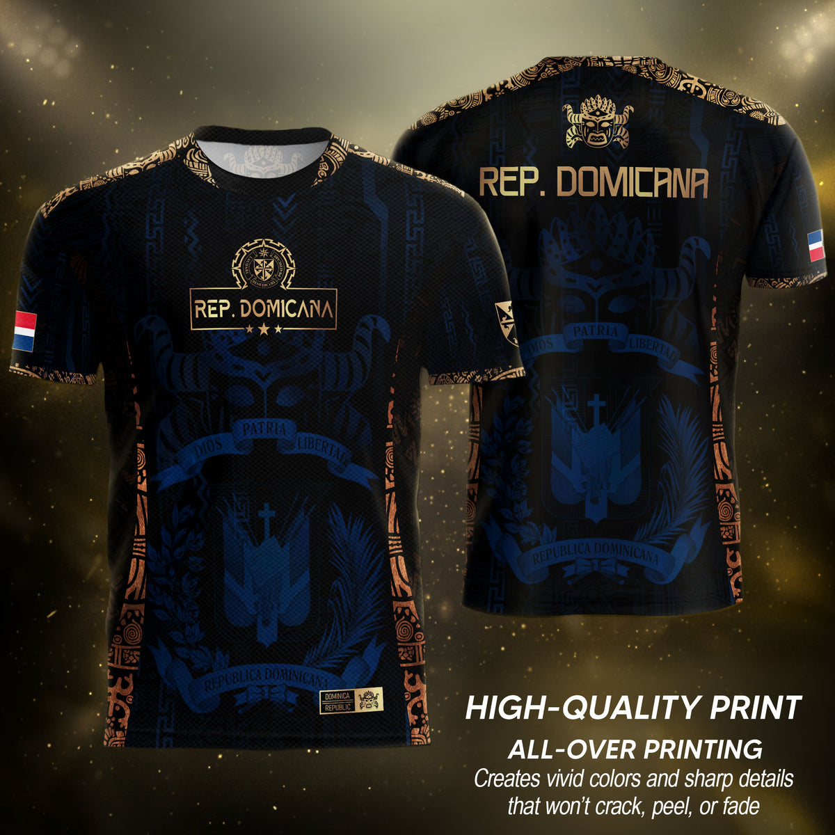 Dominican Republic Heritage Dark Navy Gold Athletic Carnival Mask Soccer Jersey