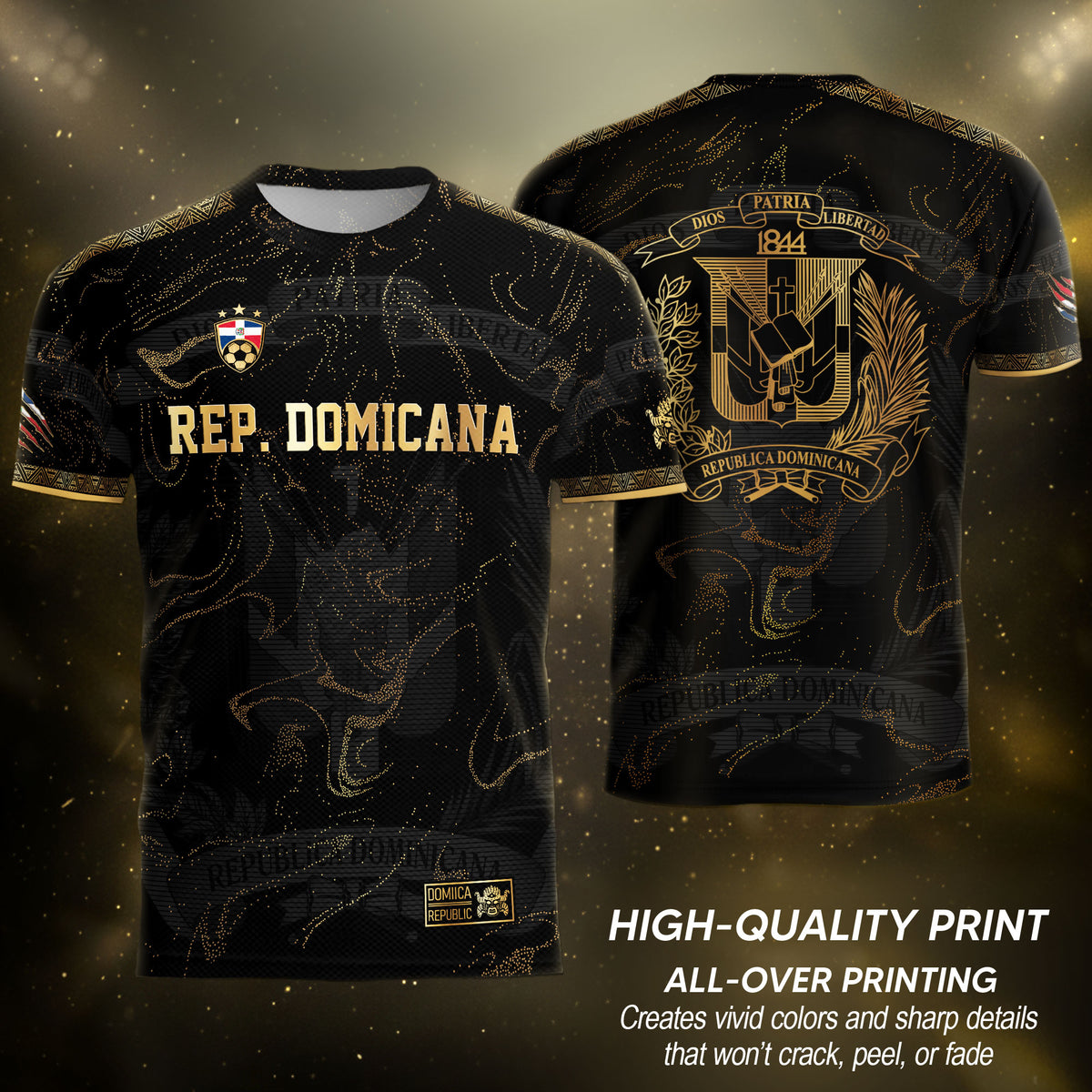 Dominican Republic Heritage Black Gold Sparkle National Soccer Jersey