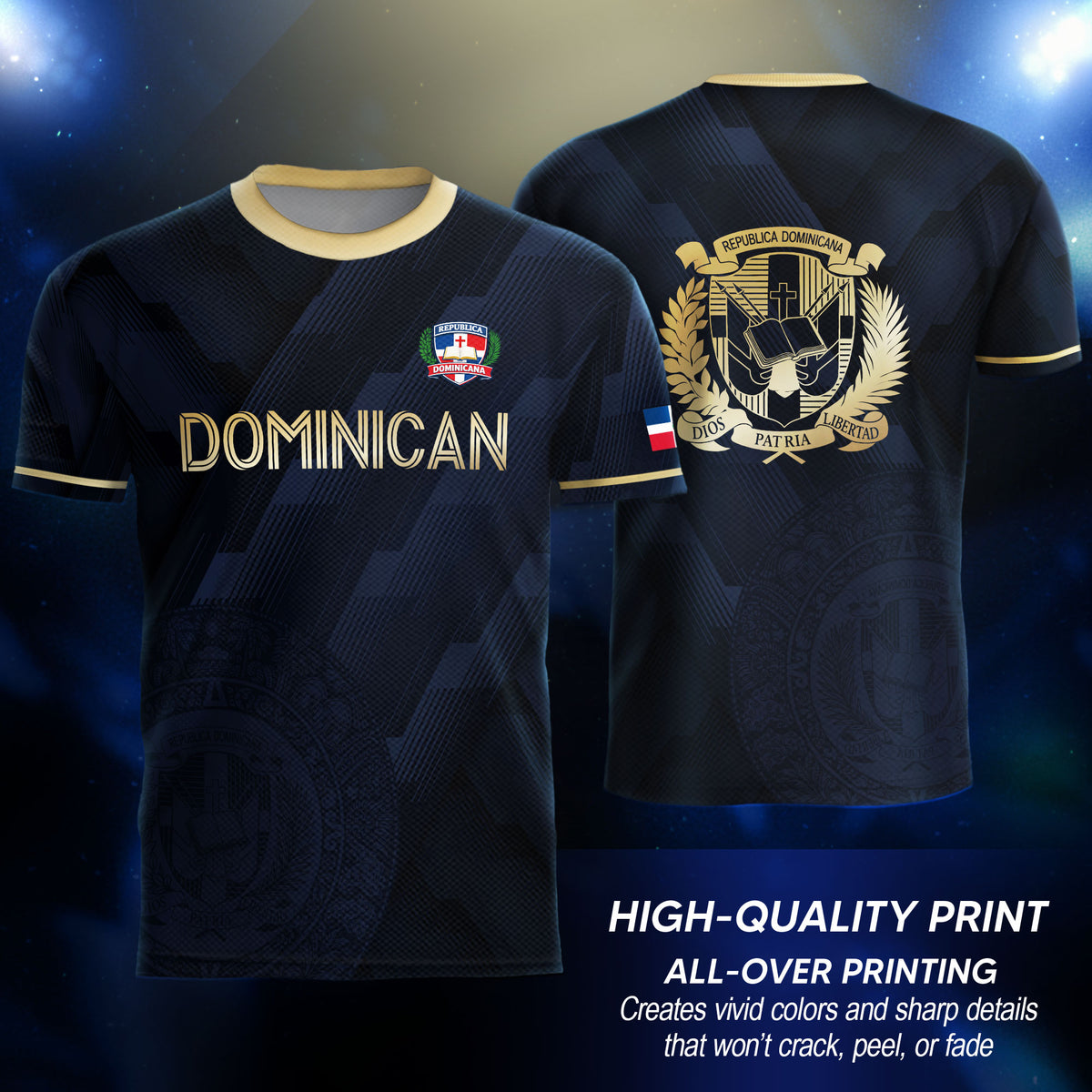 Dominican Republic National Heritage Soccer Jersey Navy Gold, Cultural Pride Emblem Design