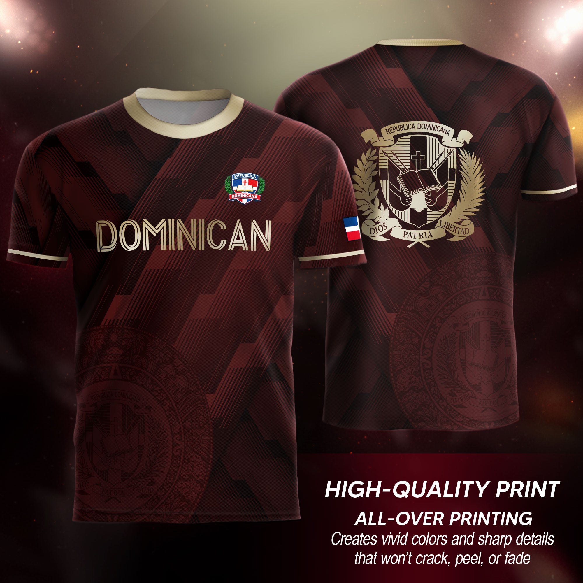 Dominican Heritage Soccer Jersey Maroon Gold, National Emblem Cultural Identity Shirt