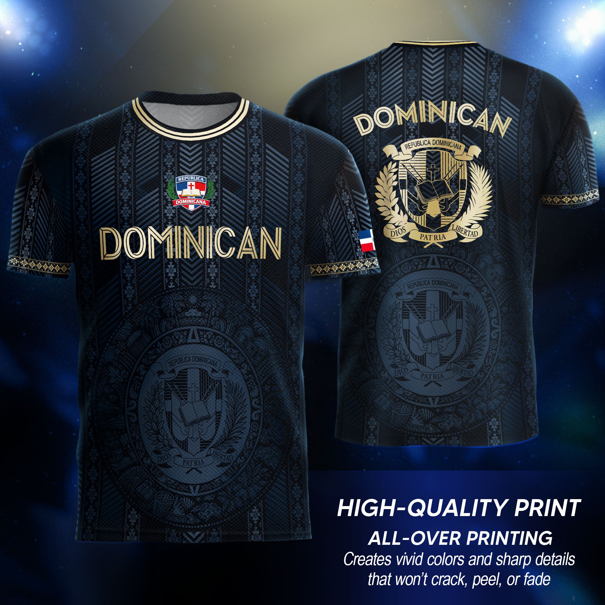 Dominican National Pride Soccer Jersey Navy Gold, Heritage Inspired Cultural Design