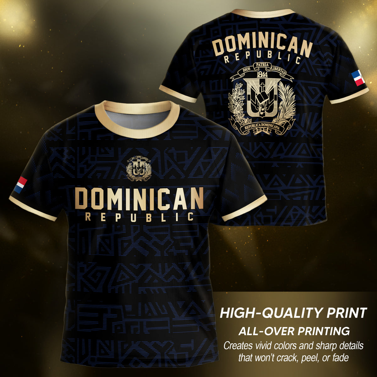 Dominican Republic Kids Youth Black Navy Gold Geometric National Soccer Jersey