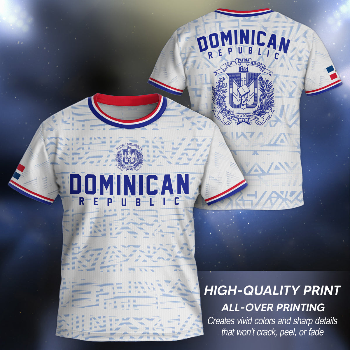 Dominican Republic Kids Youth White Red Blue Athletic Geometric Soccer Jersey