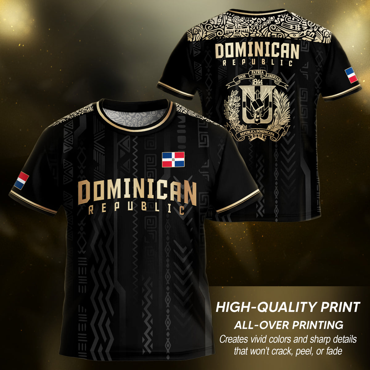 Dominican Republic Kids Youth Vintage Black Gold Athletic Geometric Soccer Jersey