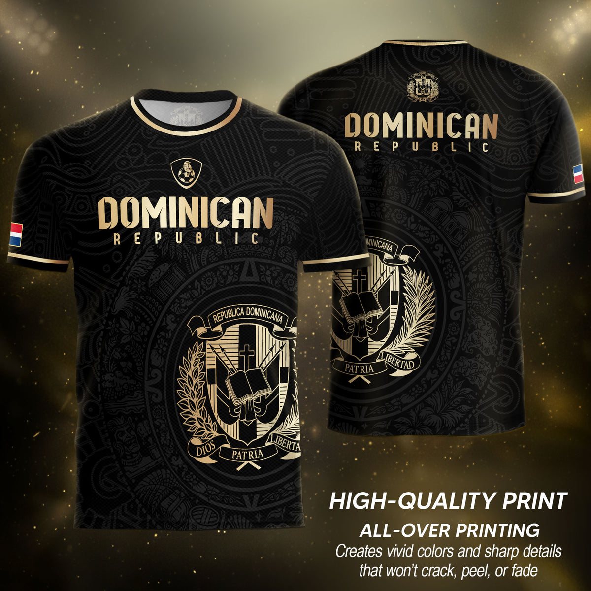 Dominican Republic Black Gold Flag Emblem Graphic National Heritage Soccer Jersey