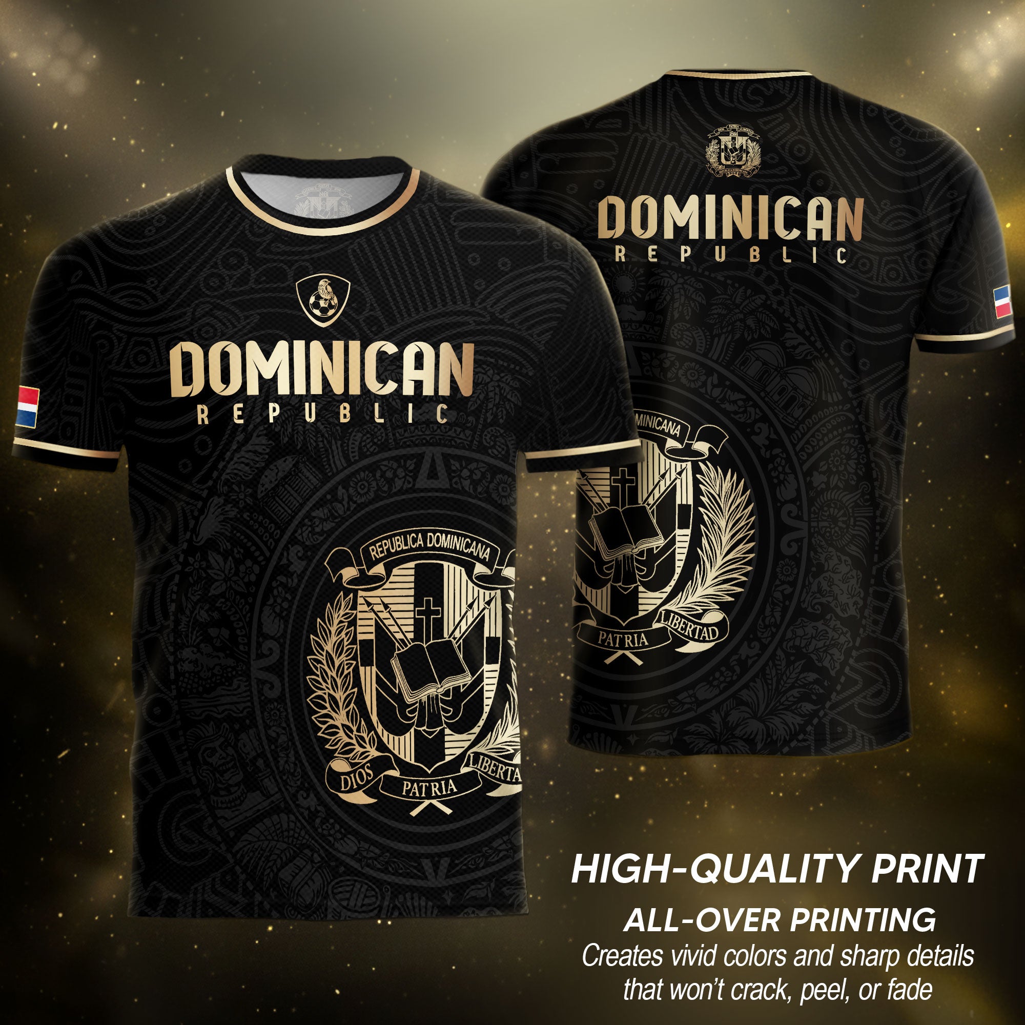 Dominican Republic Black Gold Flag Emblem Graphic National Heritage Soccer Jersey