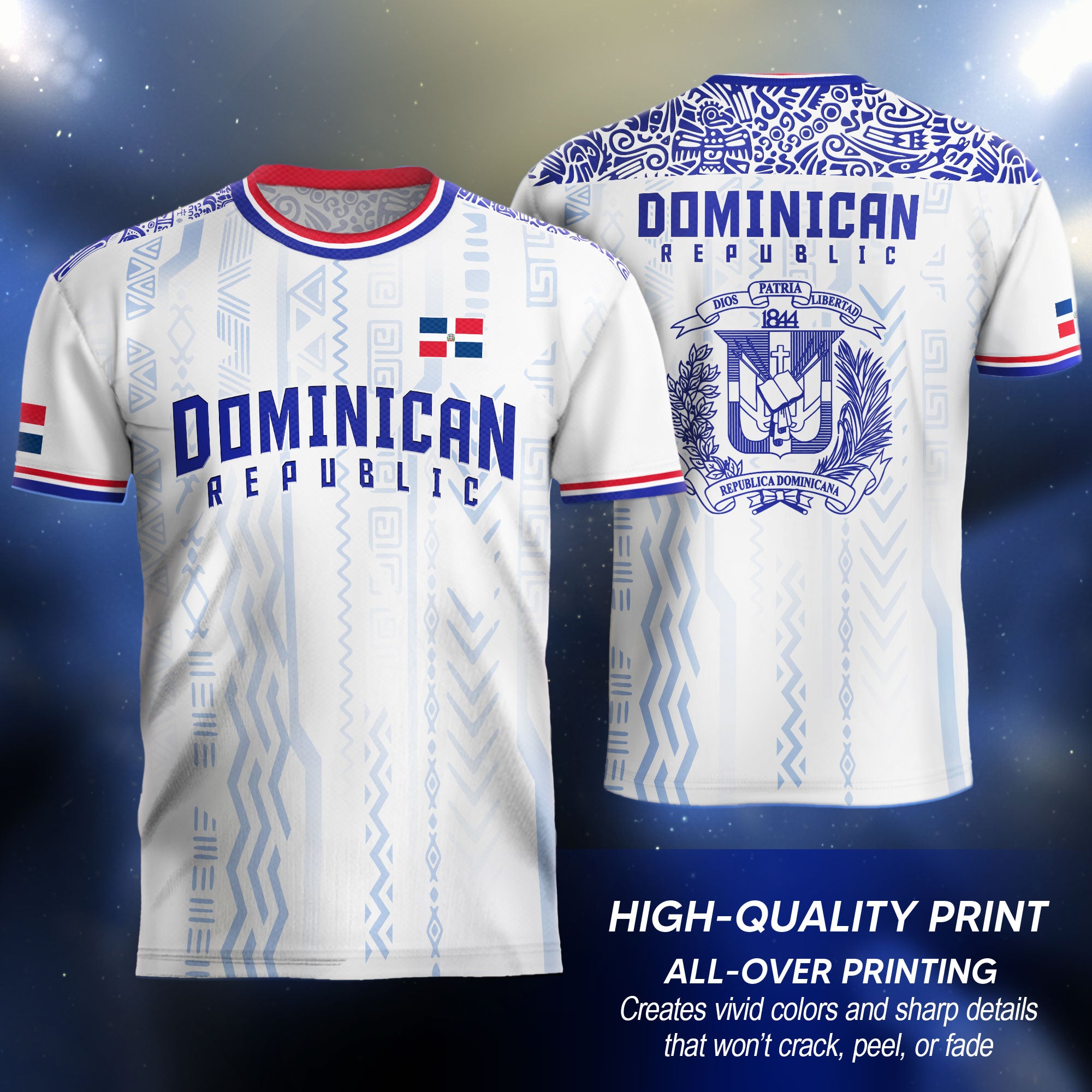 Dominican Republic White Blue Red National Symbol Tribal Pattern Pride Soccer Jersey