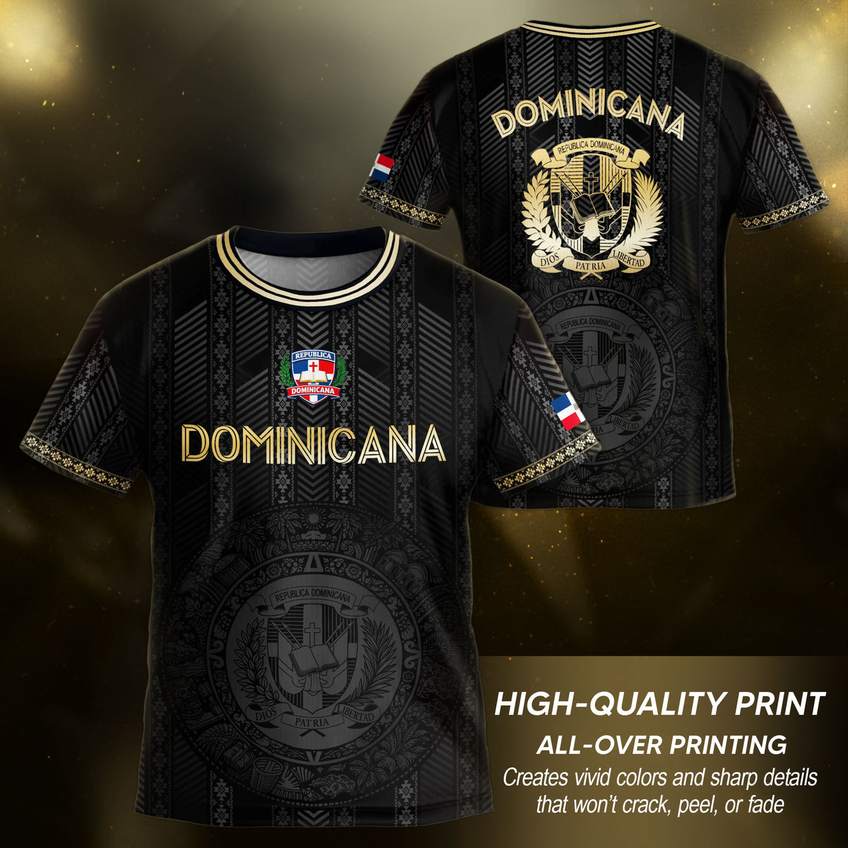 Dominican Republic Kids Youth Heritage Black Gold Vintage Vertical Pattern Soccer Jersey