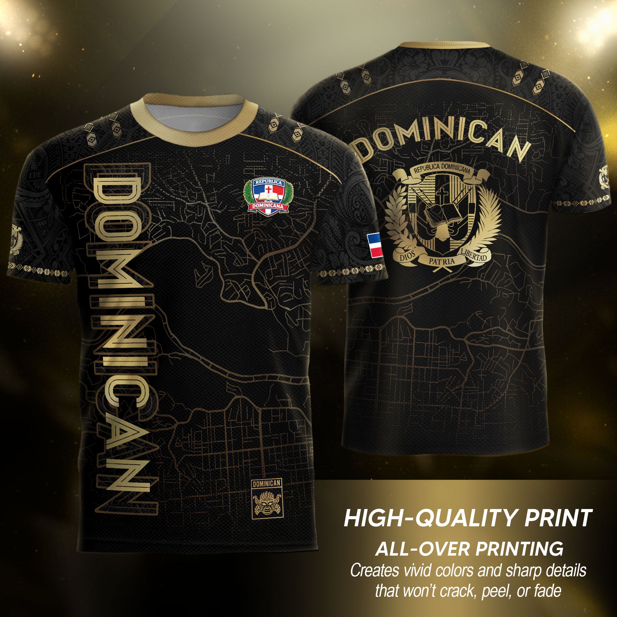Dominican National Pride Soccer Jersey Black Gold, Heritage Inspired Apparel