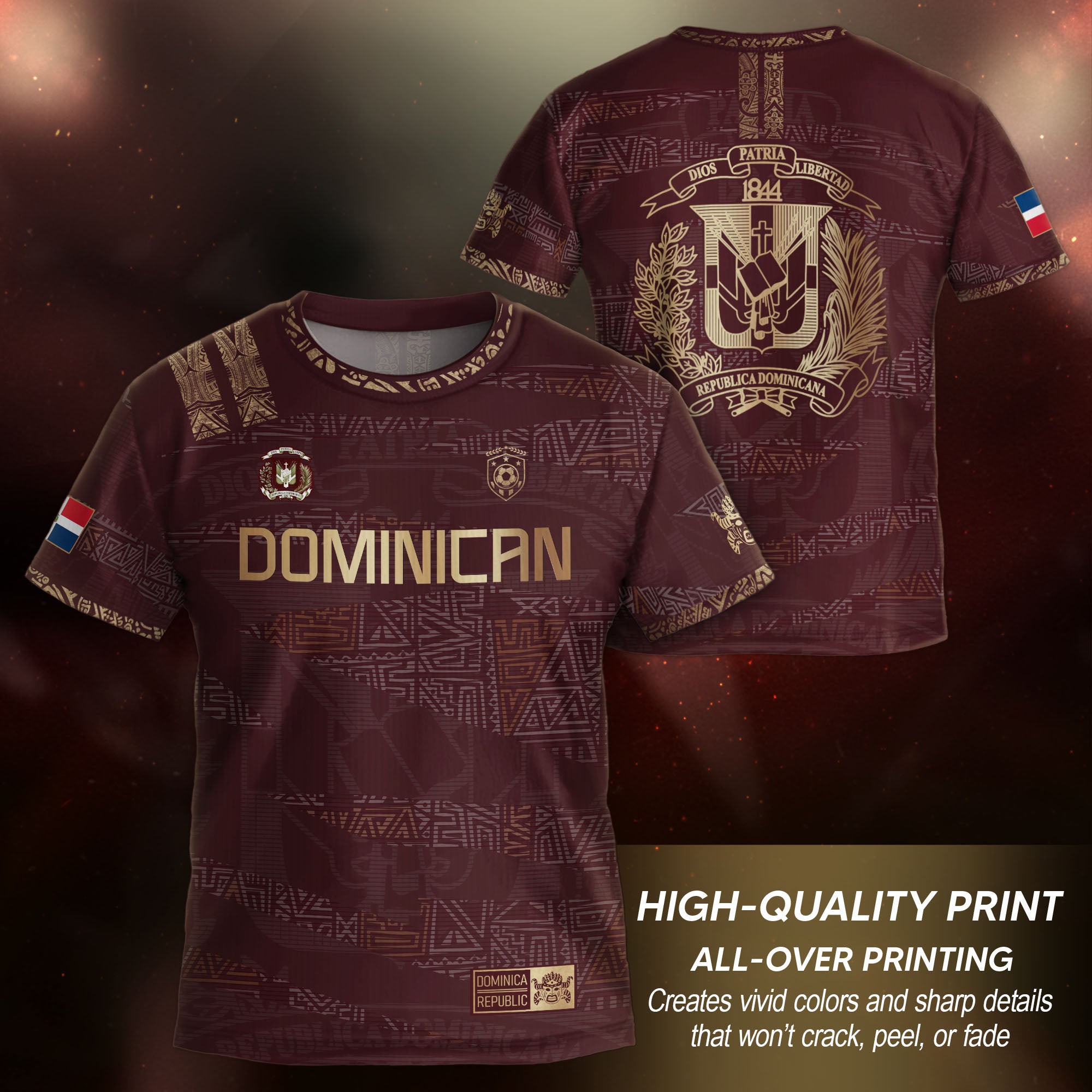 Dominican Cultural Heritage Kids Soccer Jersey Maroon Gold Pride Edition