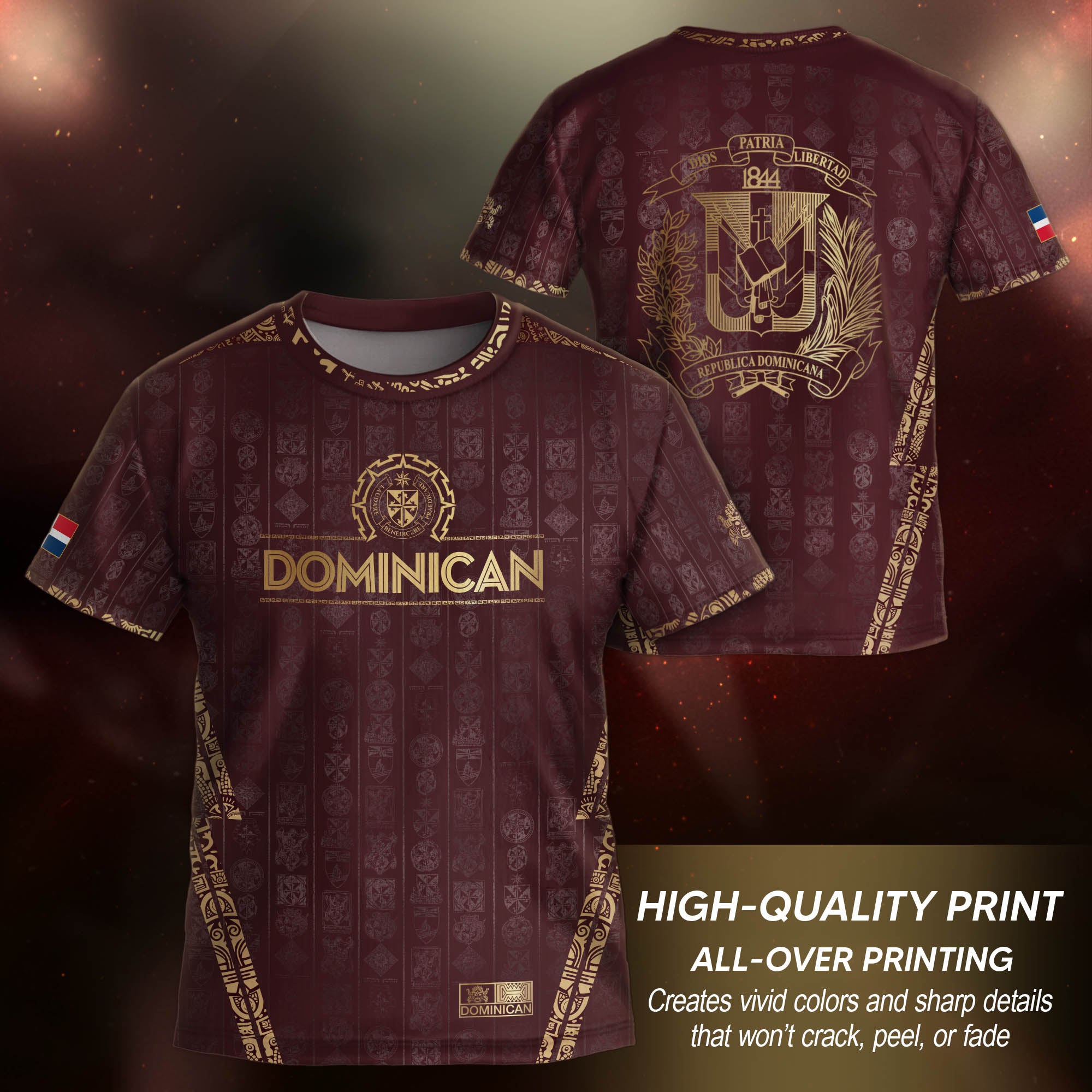 Dominican Republic Kids Youth Orgullo Dominicano Maroon Gold Patchwork Soccer Jersey