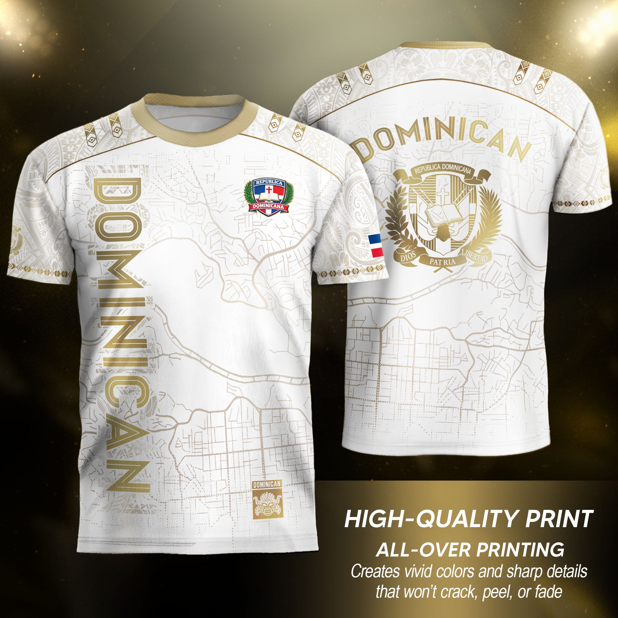Dominican Cultural Identity Soccer Jersey White Gold, National Heritage Edition