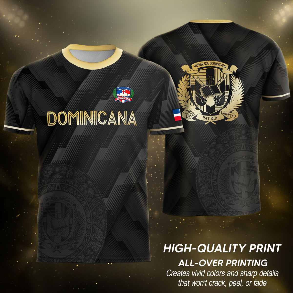 Dominican Cultural Heritage Soccer Jersey Black Gold, National Pride Collection