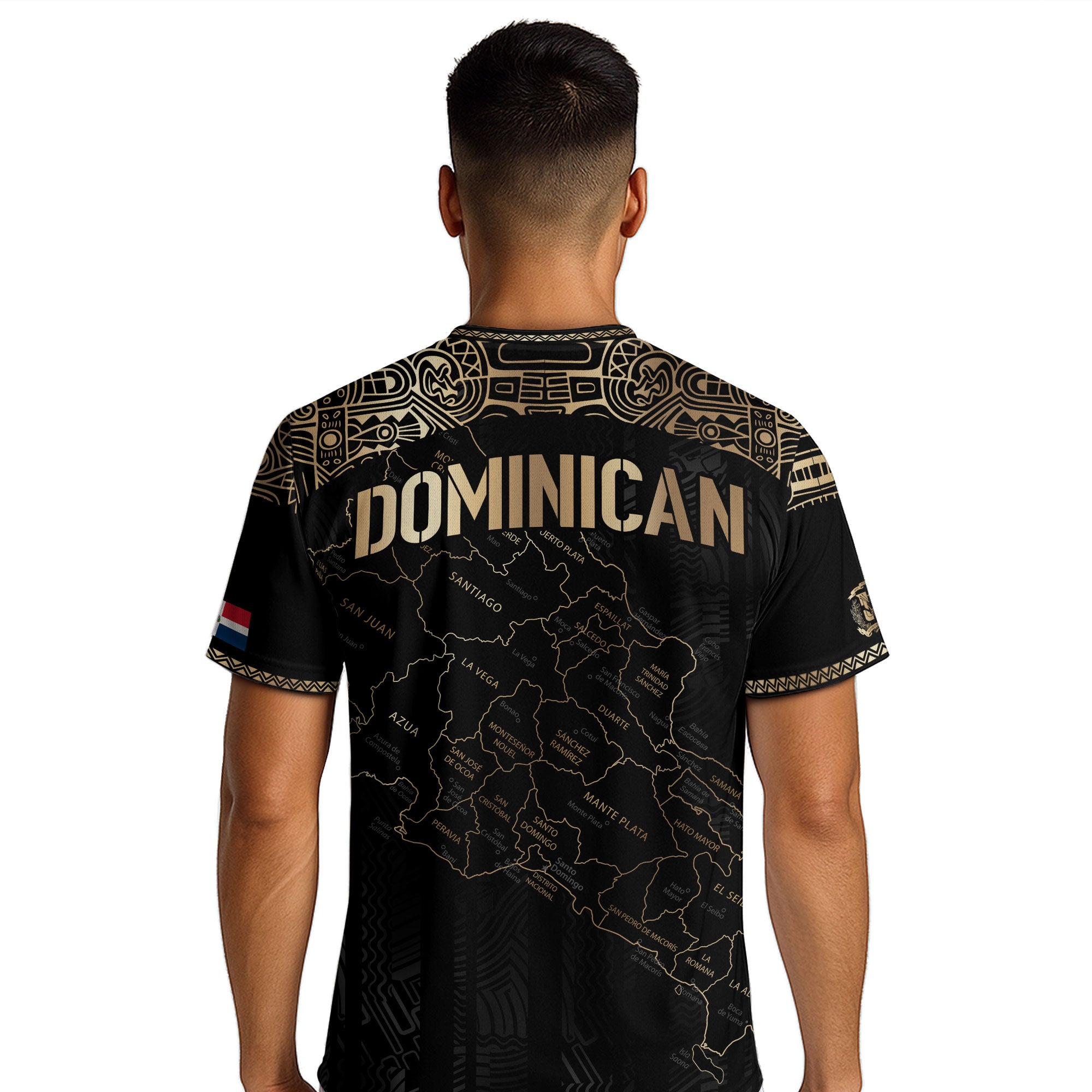 Dominican Heritage Soccer Jersey with Island Map Black Gold, Taino Inspired National Pride Shirt