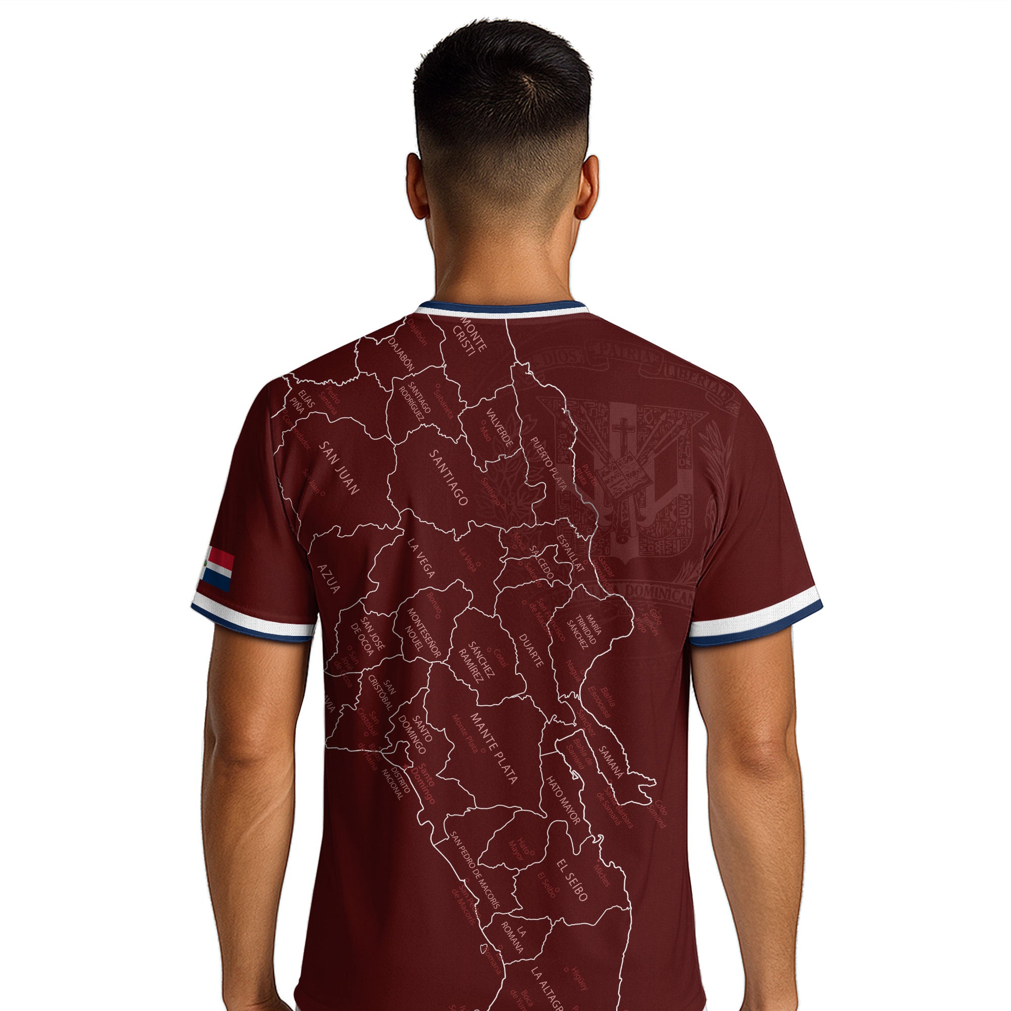 Dominican Republic Soccer Jersey Maroon White Blue, Taino Map Design Caribbean Cultural Shirt