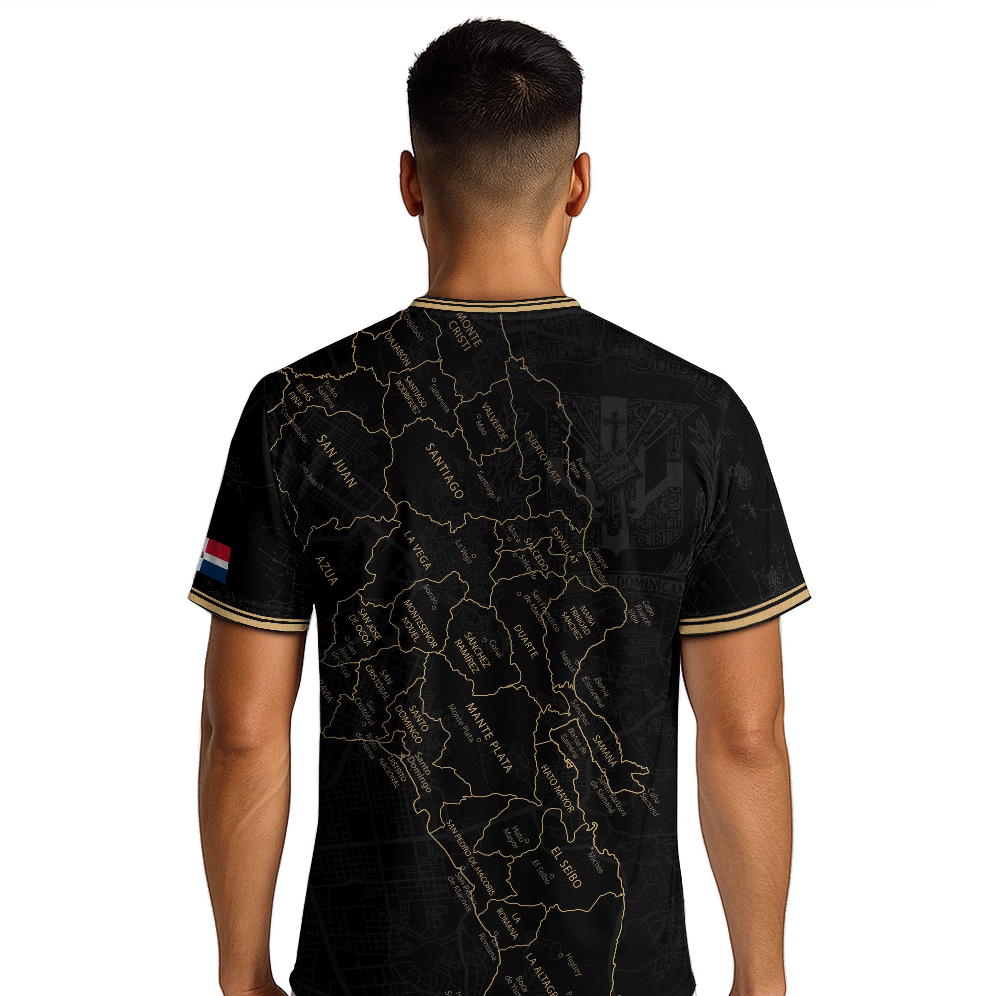Dominican National Pride Soccer Jersey Black Gold, Taino Heritage Map Design Shirt