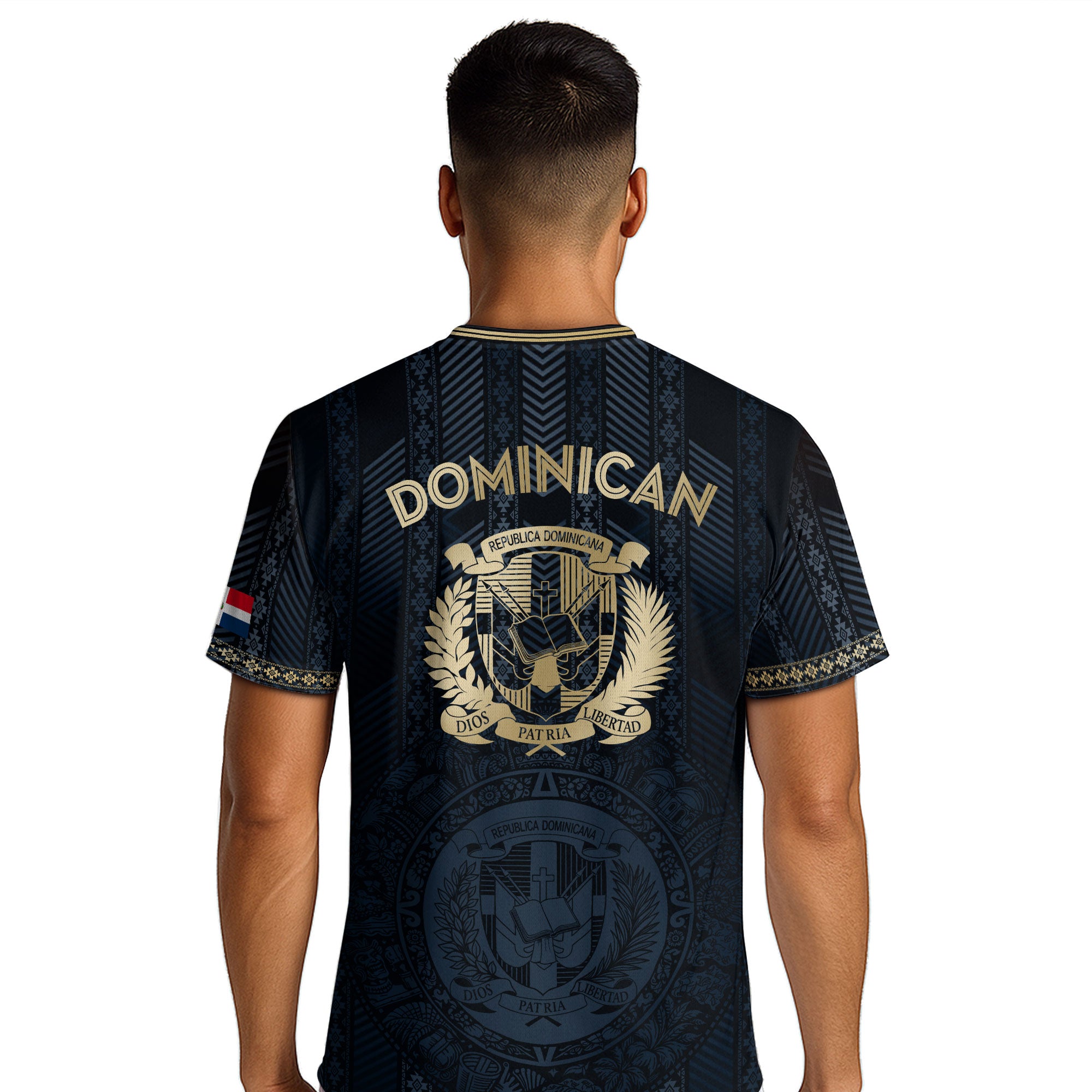 Dominican National Pride Soccer Jersey Navy Gold, Heritage Inspired Cultural Design