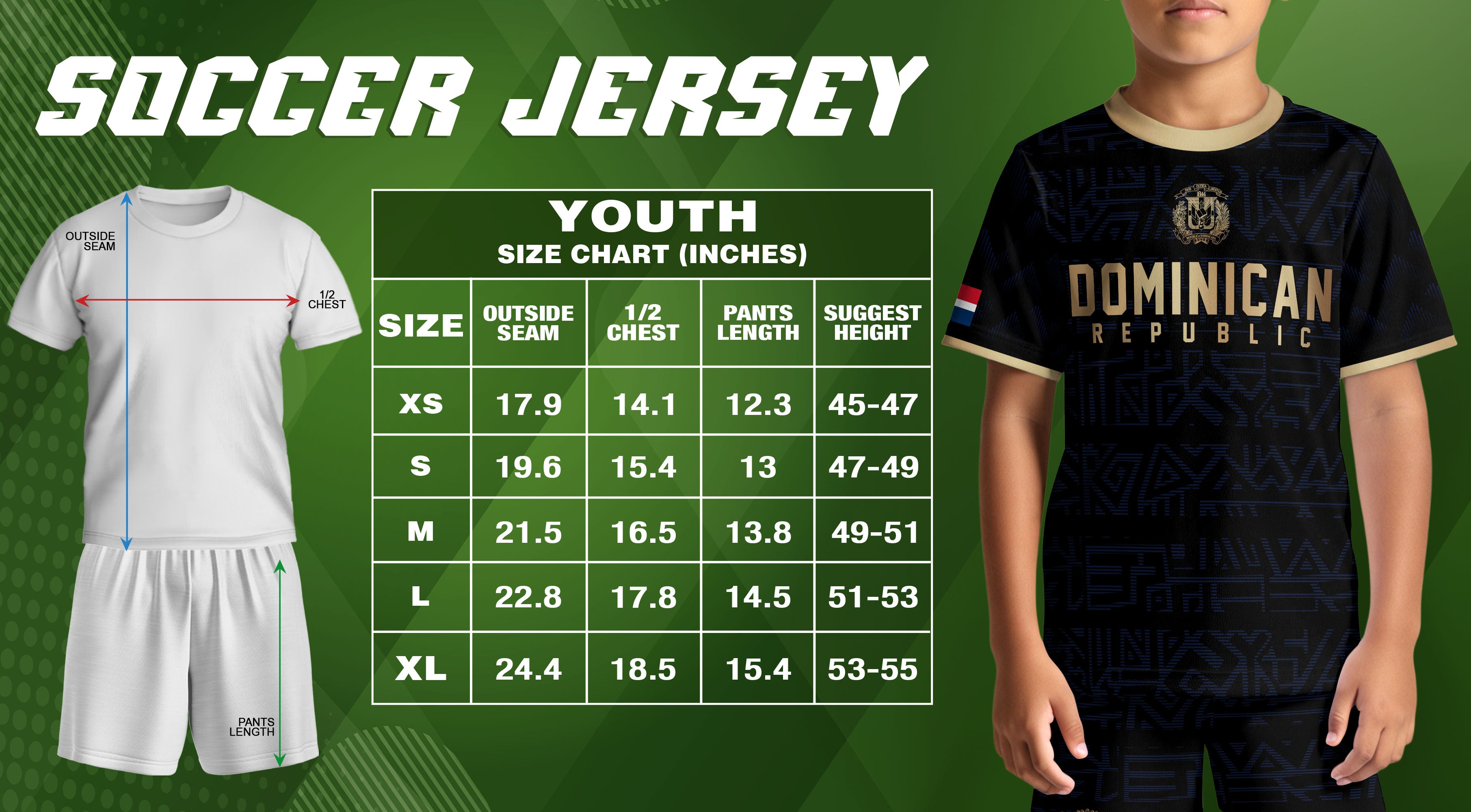 Dominican Republic Kids Youth Black Navy Gold Geometric National Soccer Jersey
