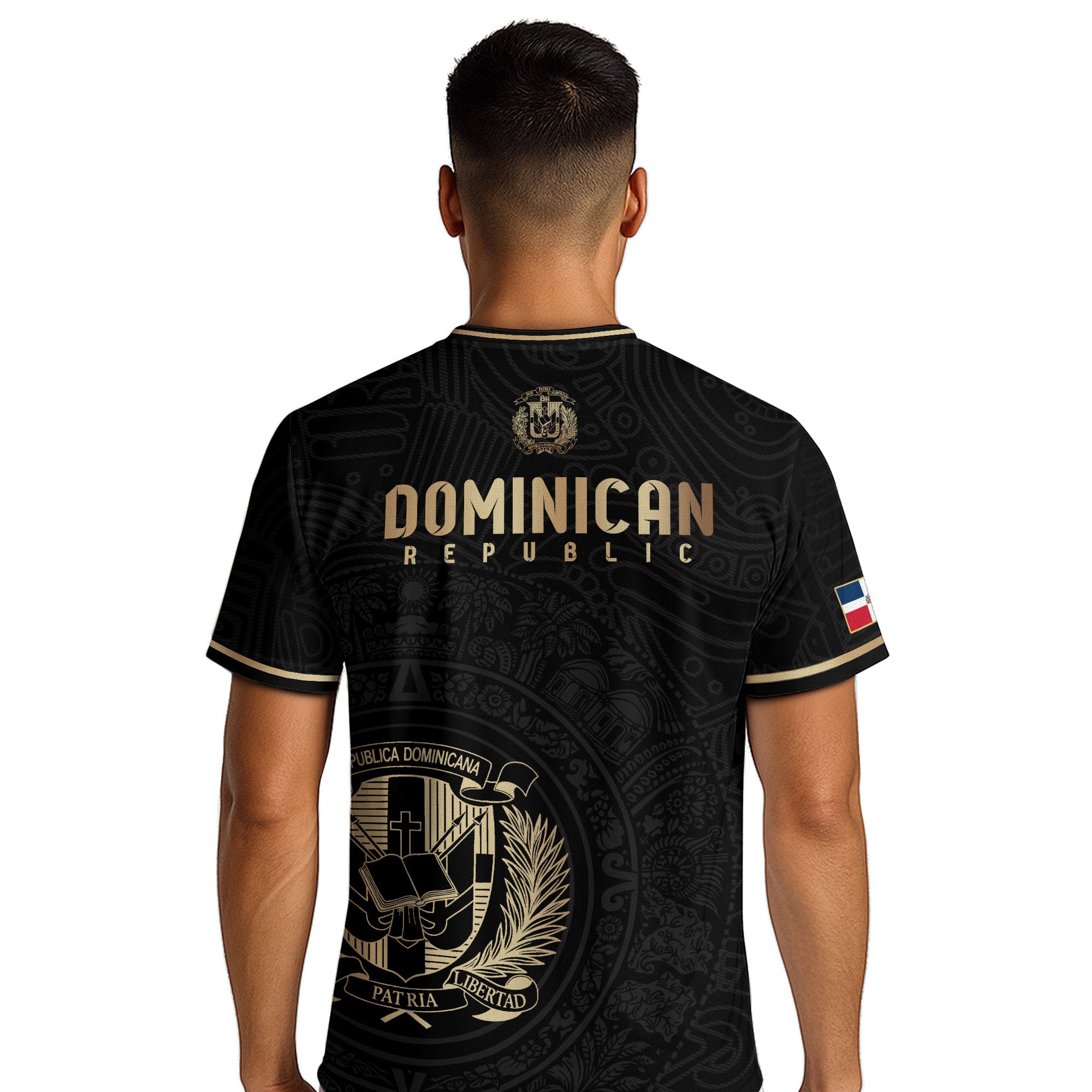 Dominican Republic Black Gold Flag Emblem Graphic National Heritage Soccer Jersey