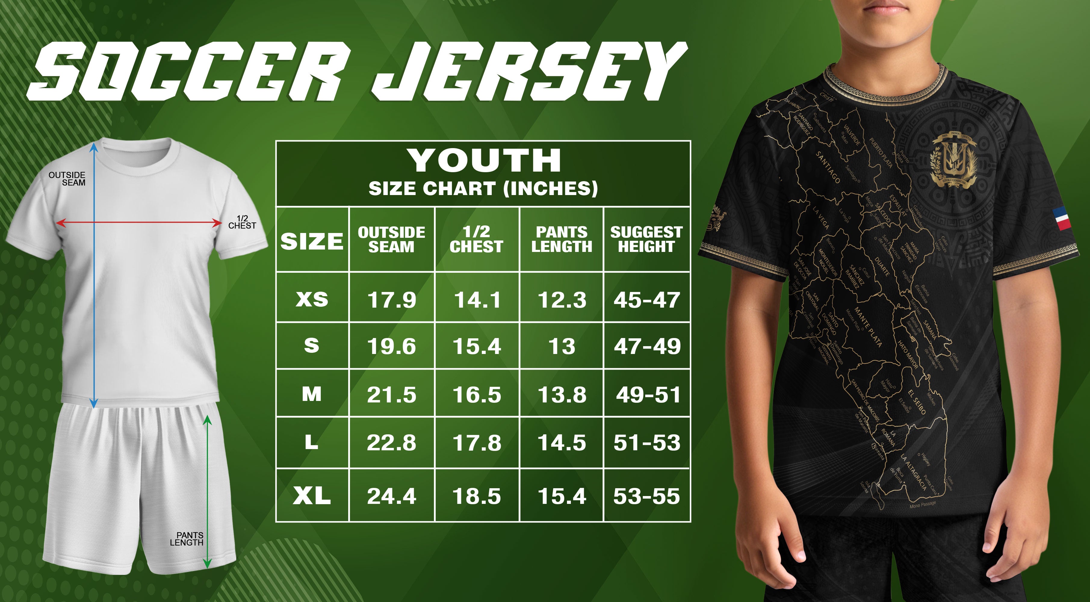 Dominican Republic Kids Youth Heritage Black Gold Map National Pride Soccer Jersey