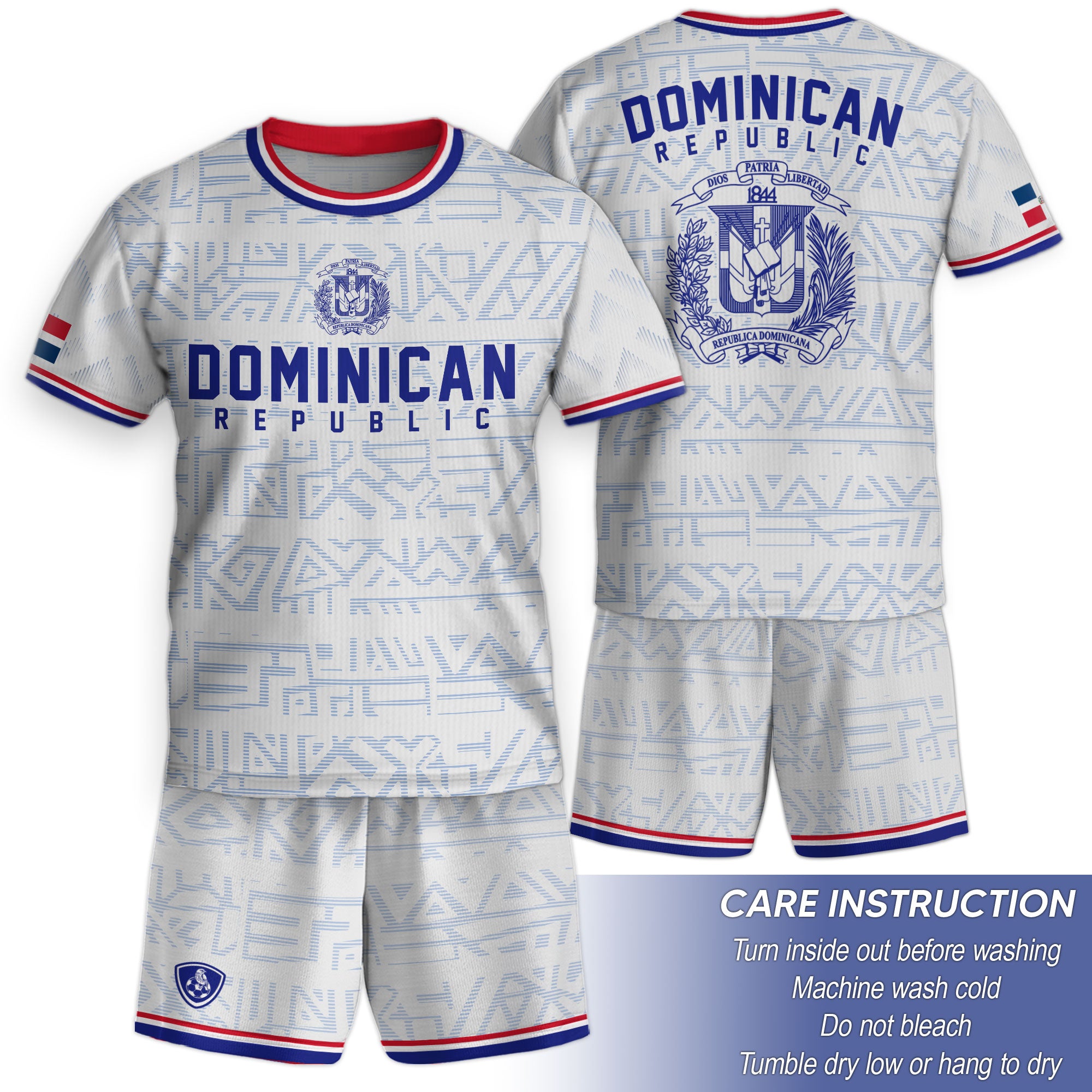Dominican Republic Kids Youth White Red Blue Athletic Geometric Soccer Jersey