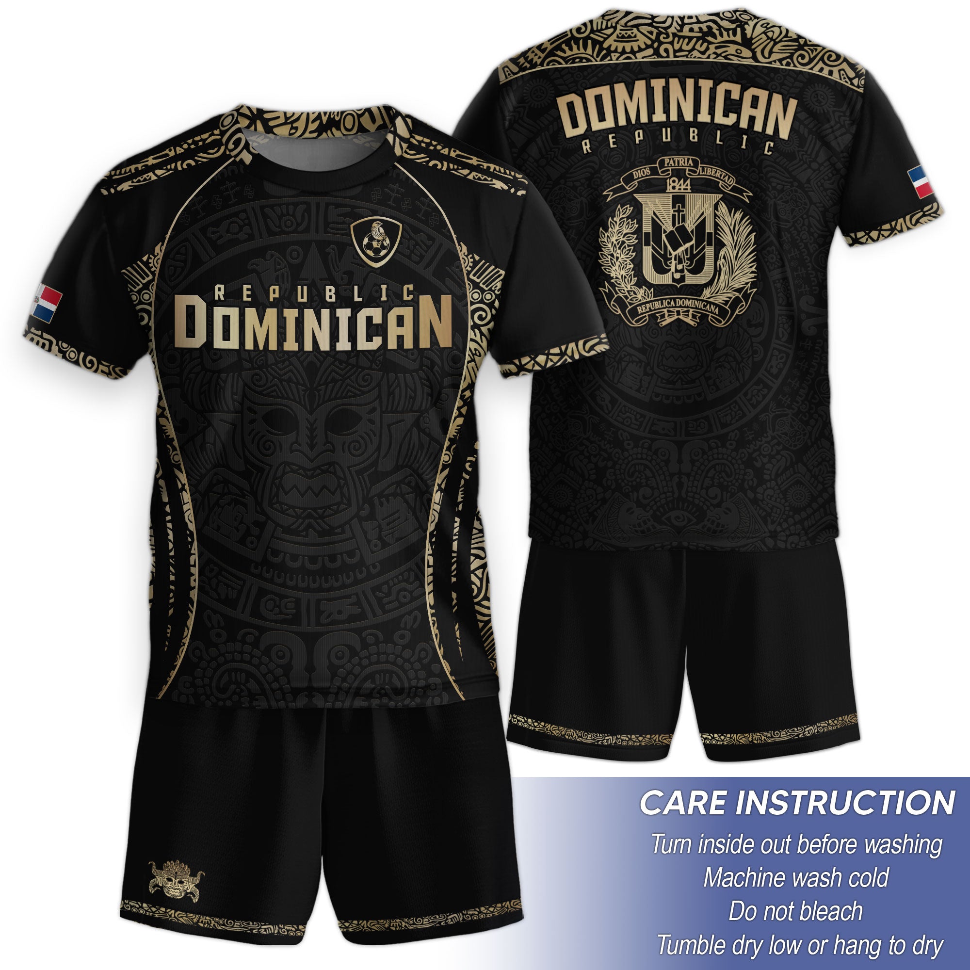 Dominican Republic Kids Youth Heritage Black Gold Taino Mask National Soccer Jersey