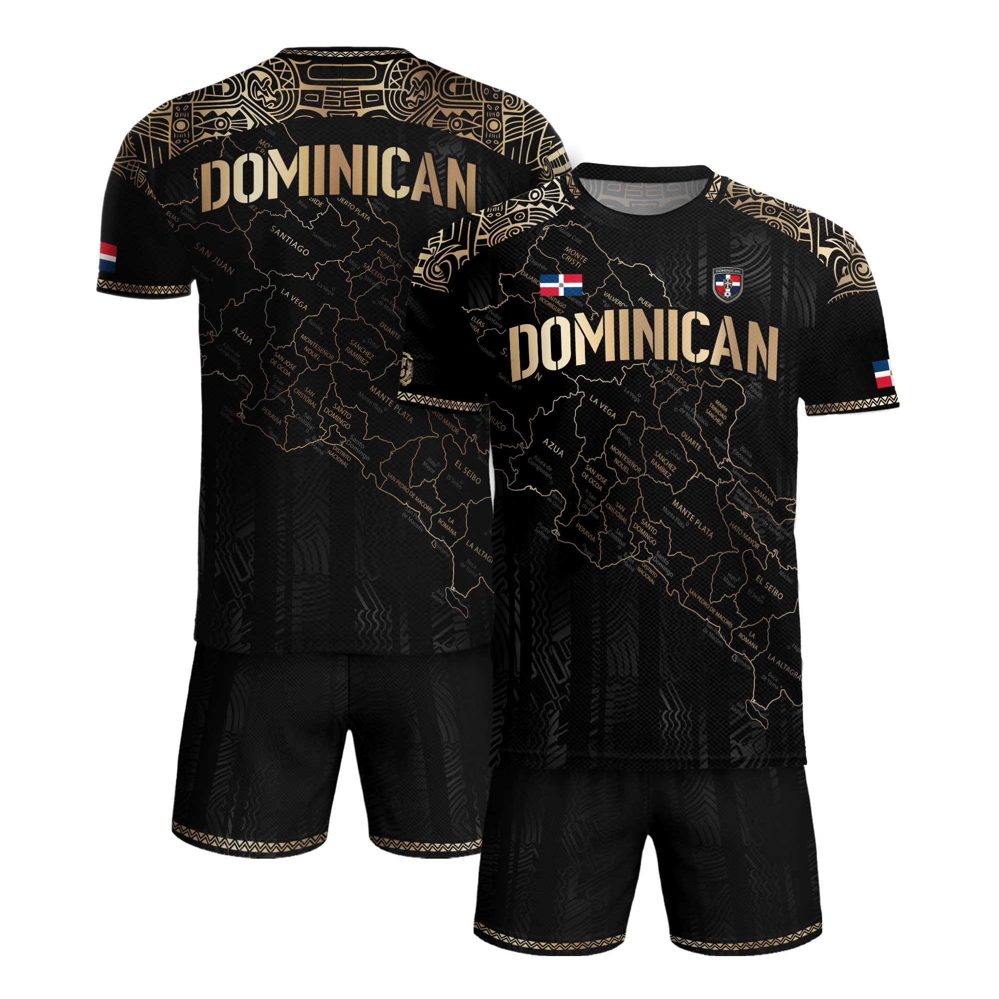 Dominican Heritage Soccer Jersey with Island Map Black Gold, Taino Inspired National Pride Shirt