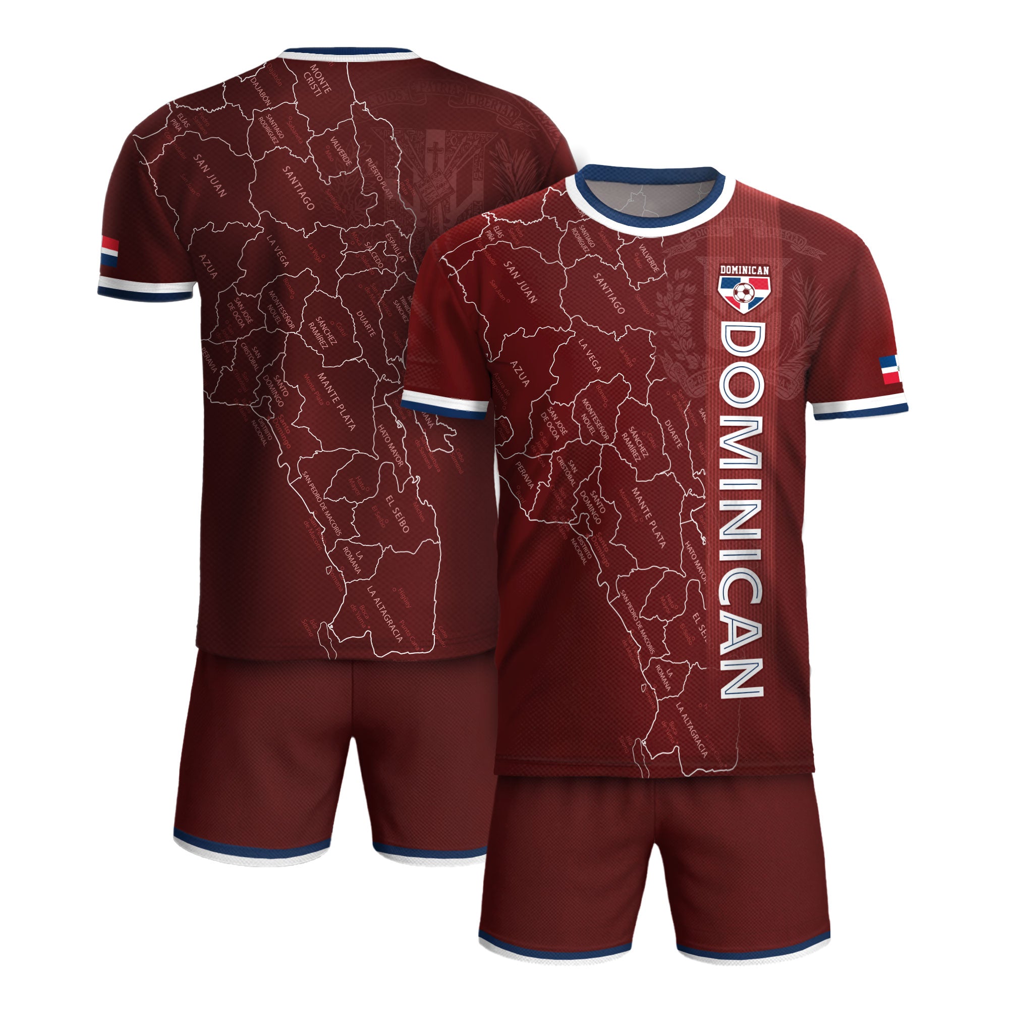 Dominican Republic Soccer Jersey Maroon White Blue, Taino Map Design Caribbean Cultural Shirt