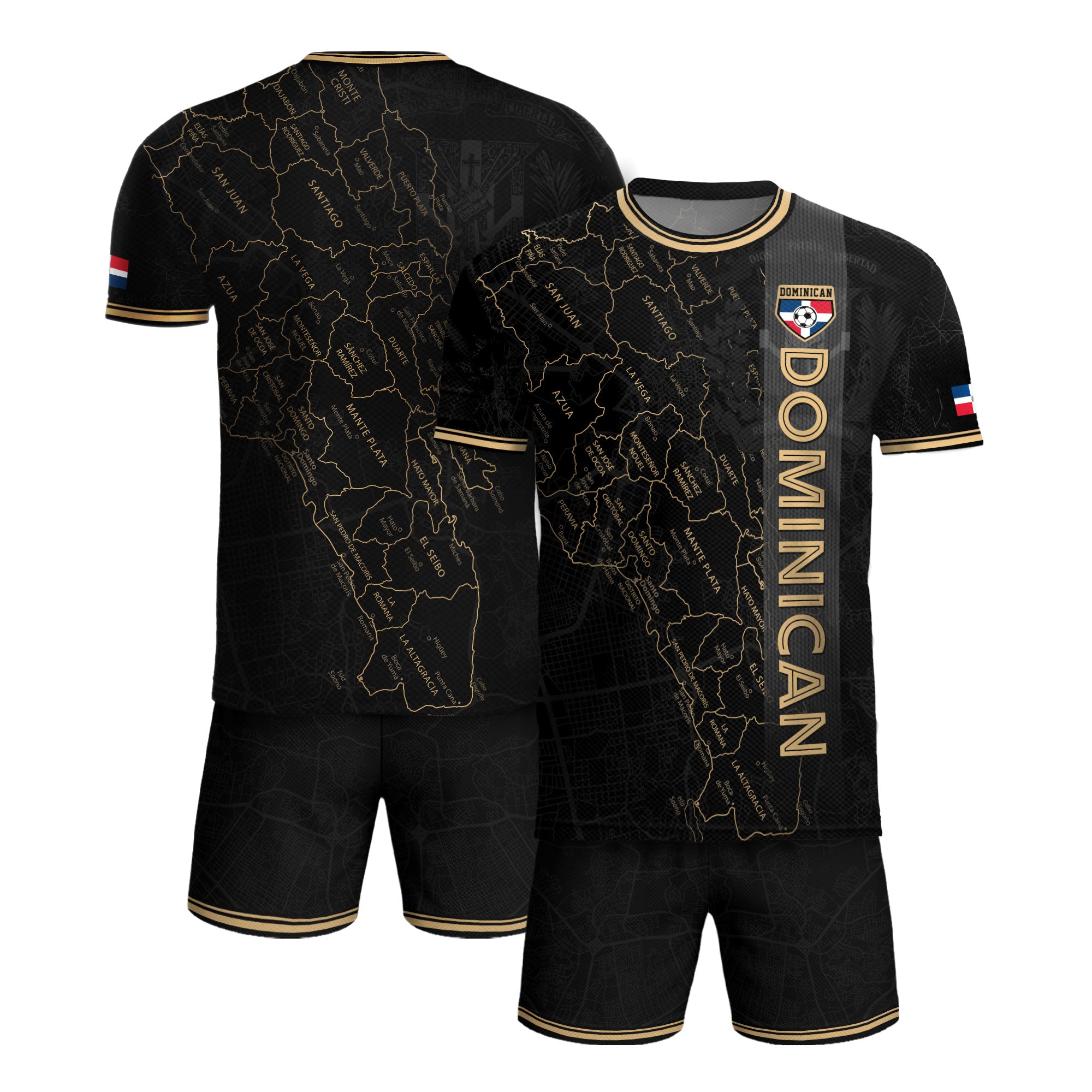 Dominican National Pride Soccer Jersey Black Gold, Taino Heritage Map Design Shirt