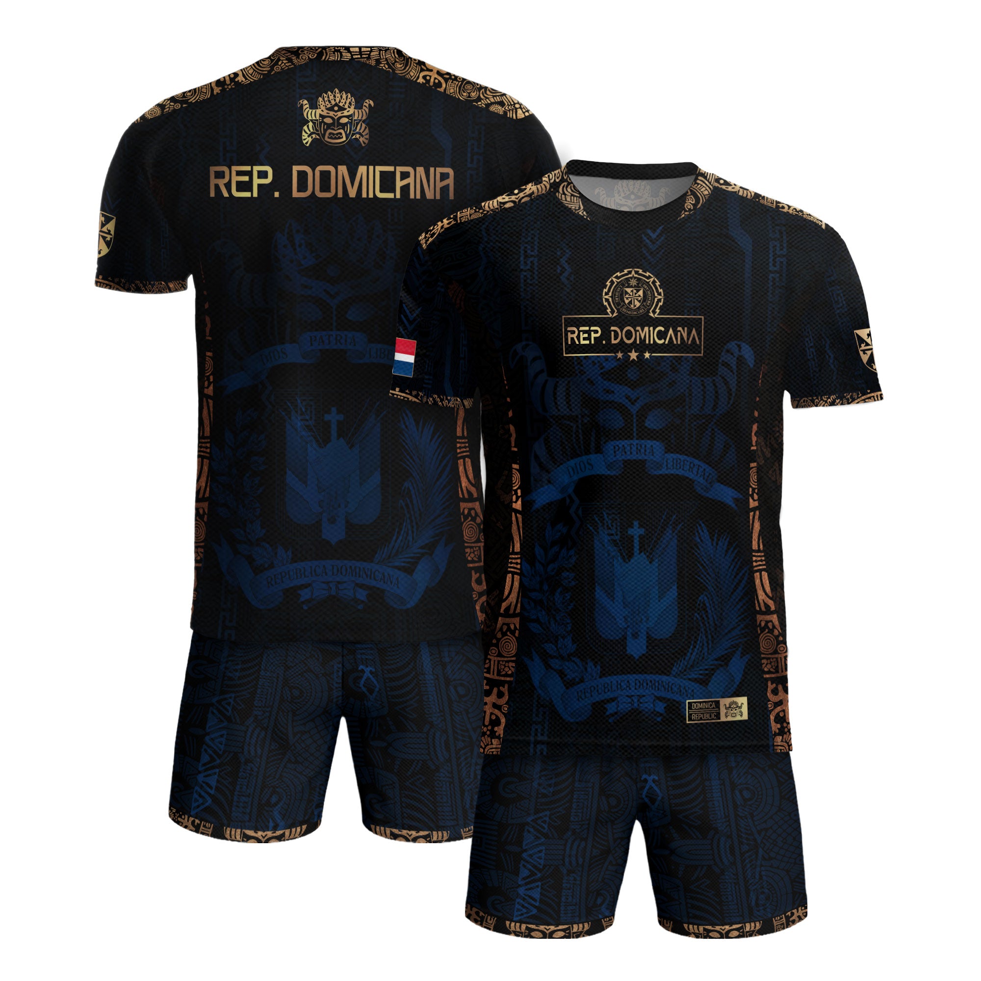 Dominican Republic Heritage Dark Navy Gold Athletic Carnival Mask Soccer Jersey