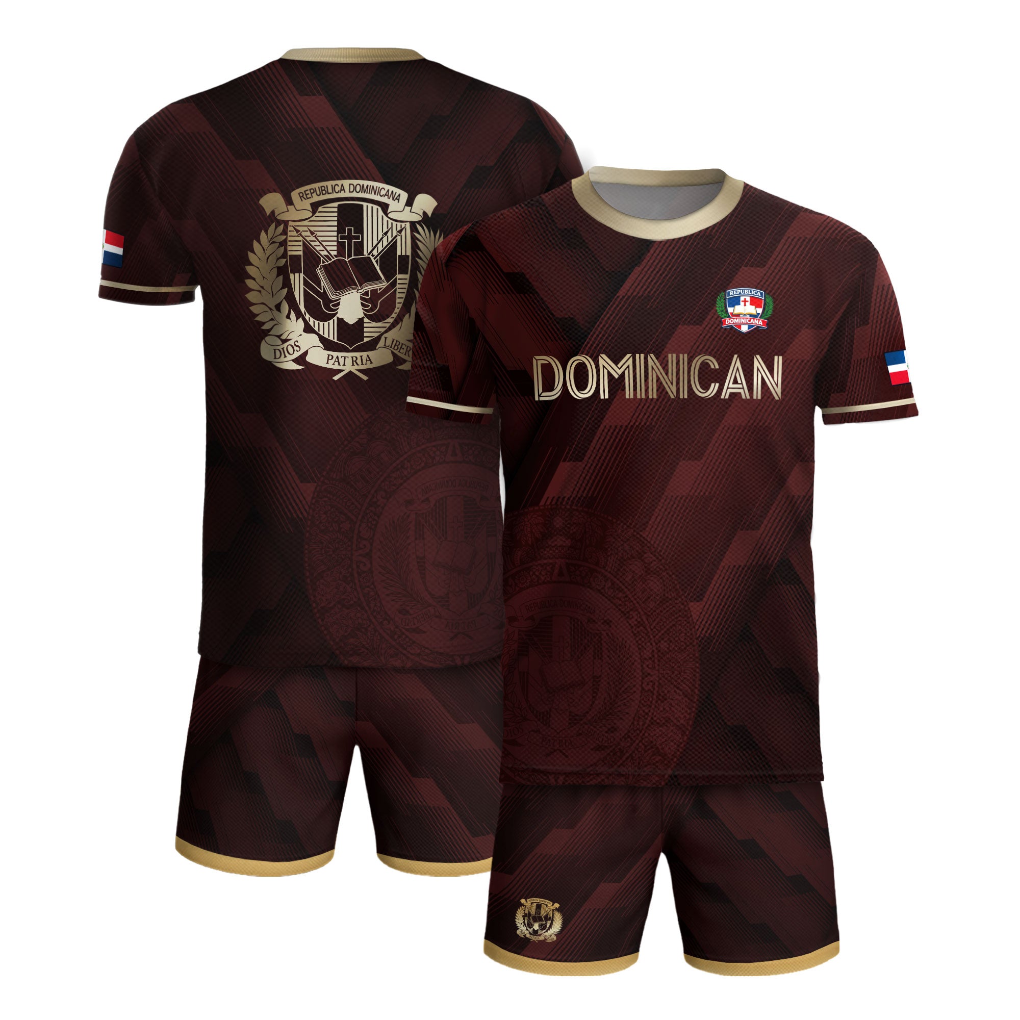 Dominican Heritage Soccer Jersey Maroon Gold, National Emblem Cultural Identity Shirt