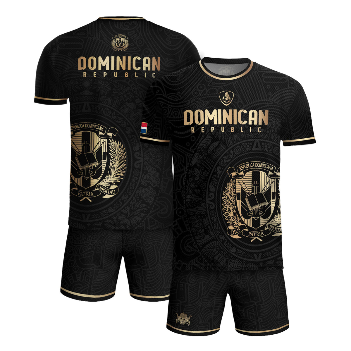 Dominican Republic Black Gold Flag Emblem Graphic National Heritage Soccer Jersey