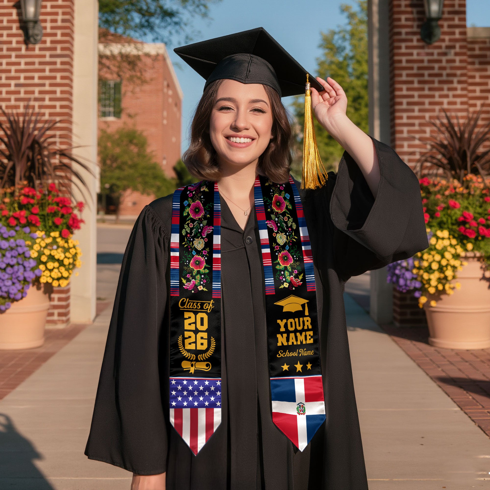 Dominicans Class of 2026 Graduation Stole Custom Dominican USA Flag Floral Embroidery