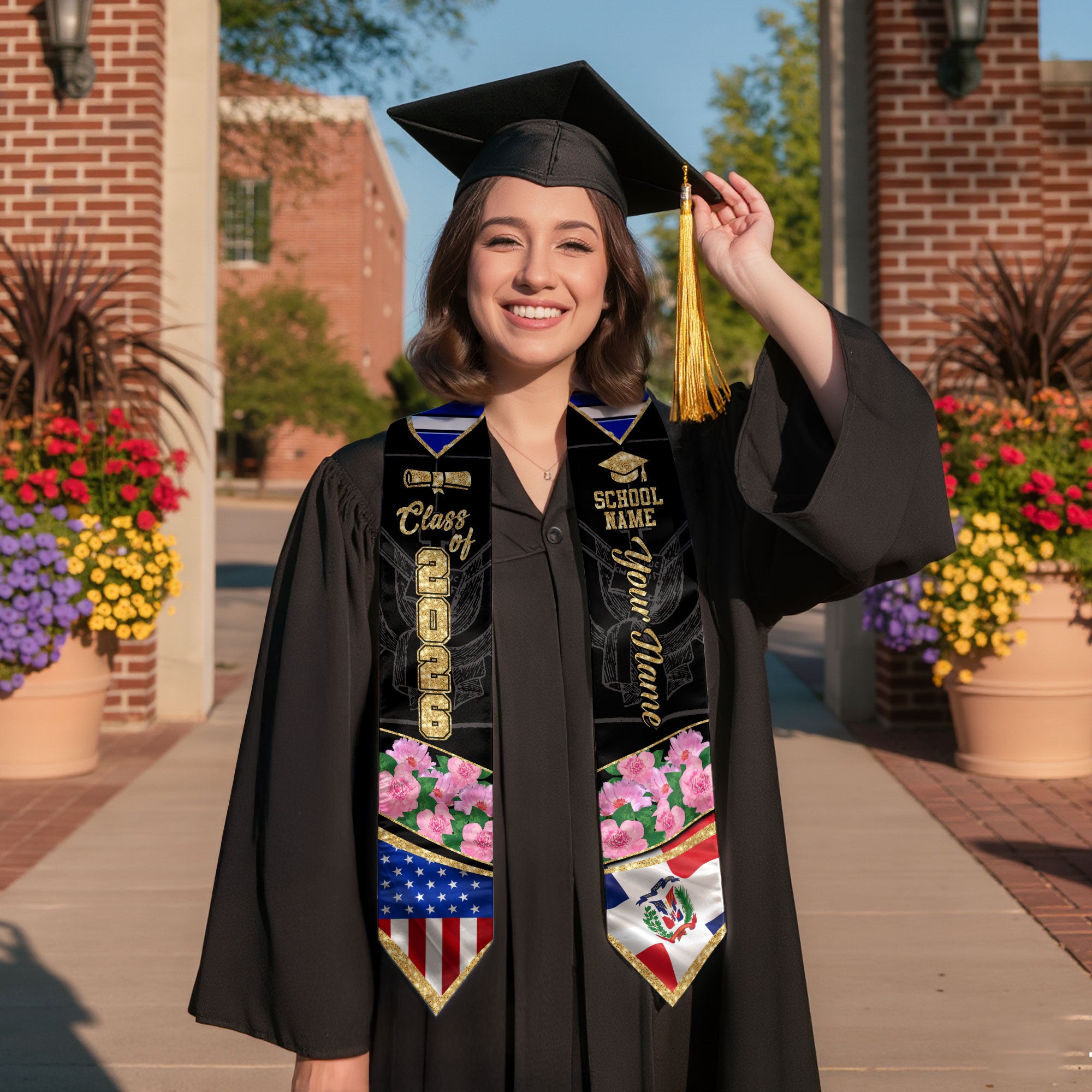 Class of 2026 Dominicans Graduation Stole Custom Dominican USA Flag Peony Floral Design